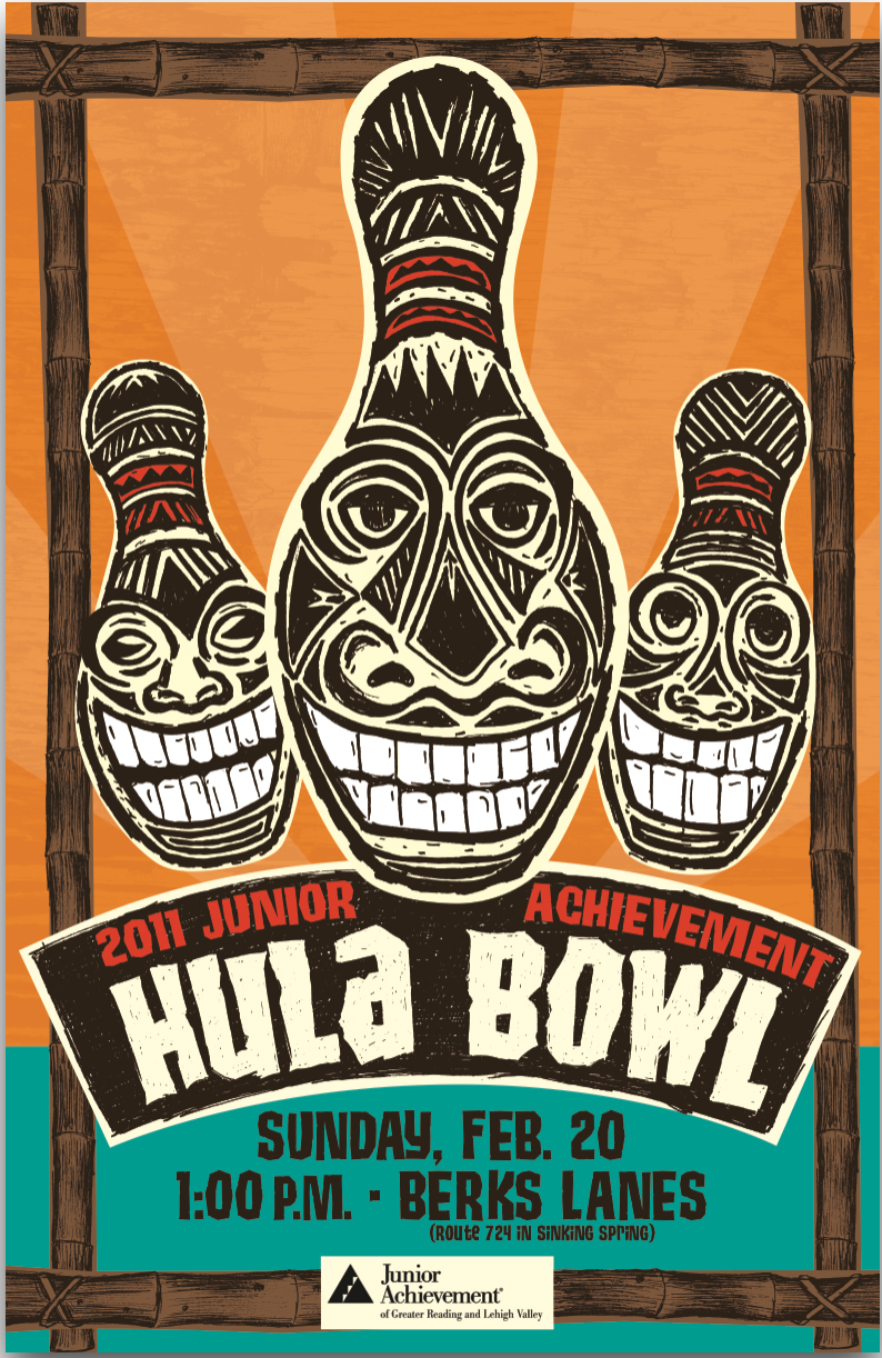 2011 Junior Achievement Hula Bowl poster featuring three tiki masks with bamboo frame for Sunday Feb 20 at Berks Lanes