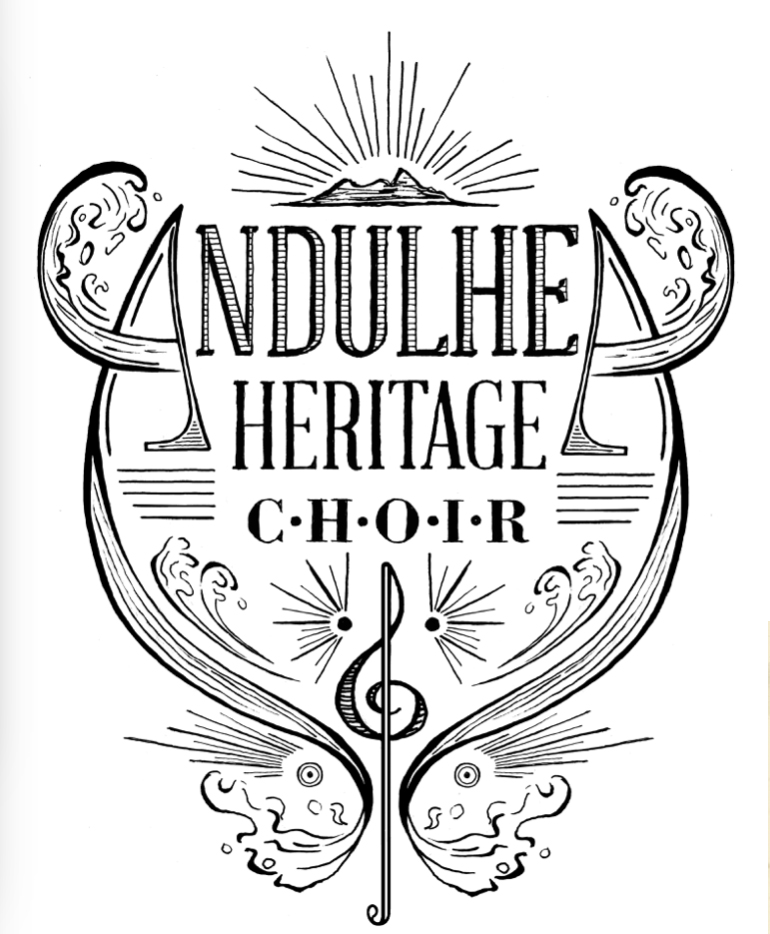 Ndulhe Heritage Choir logo with ornate decorative flourishes, musical note, and radiating sunburst design in black and white