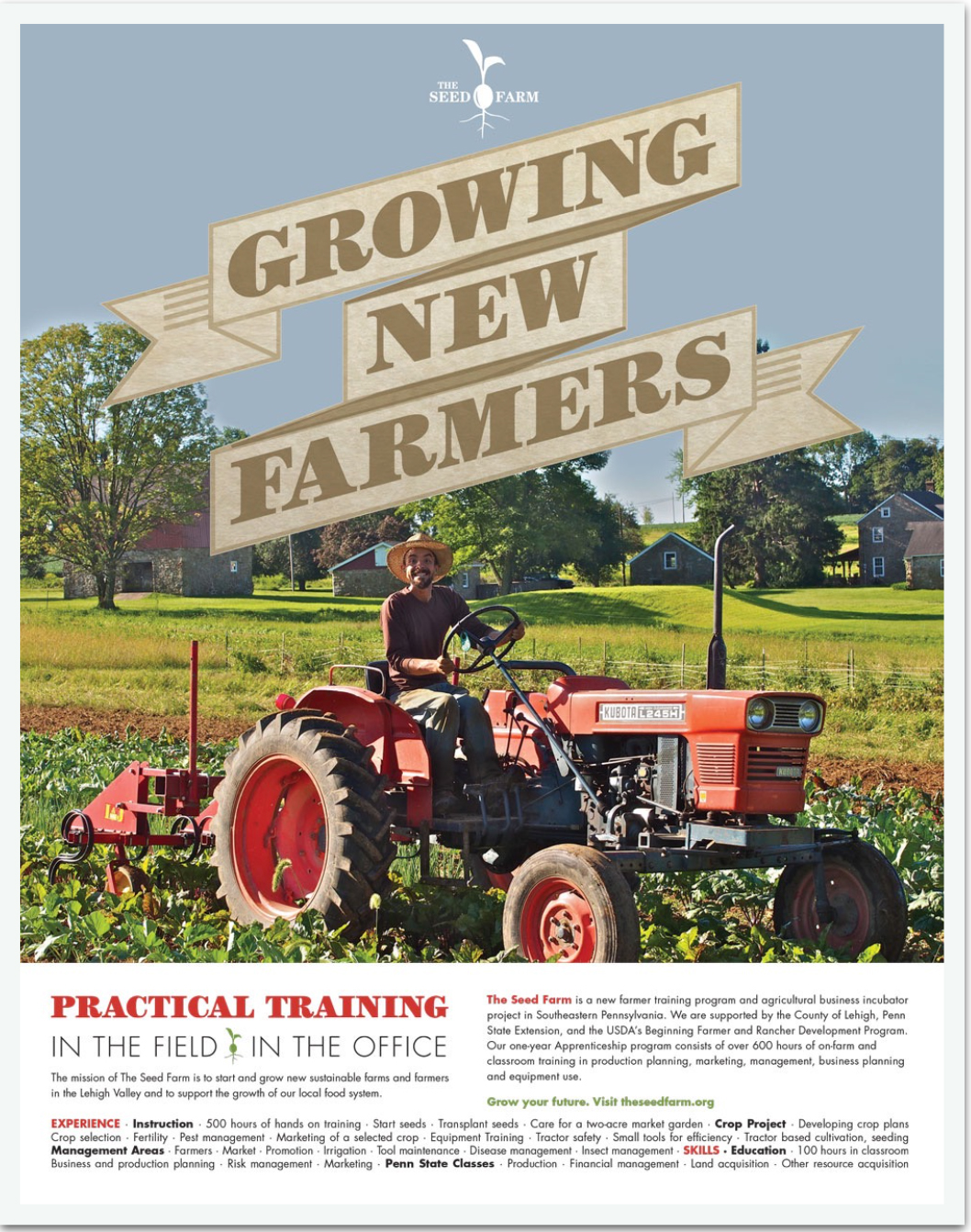 Farmer on red tractor in field with Growing New Farmers banner - The Seed Farm agricultural training program