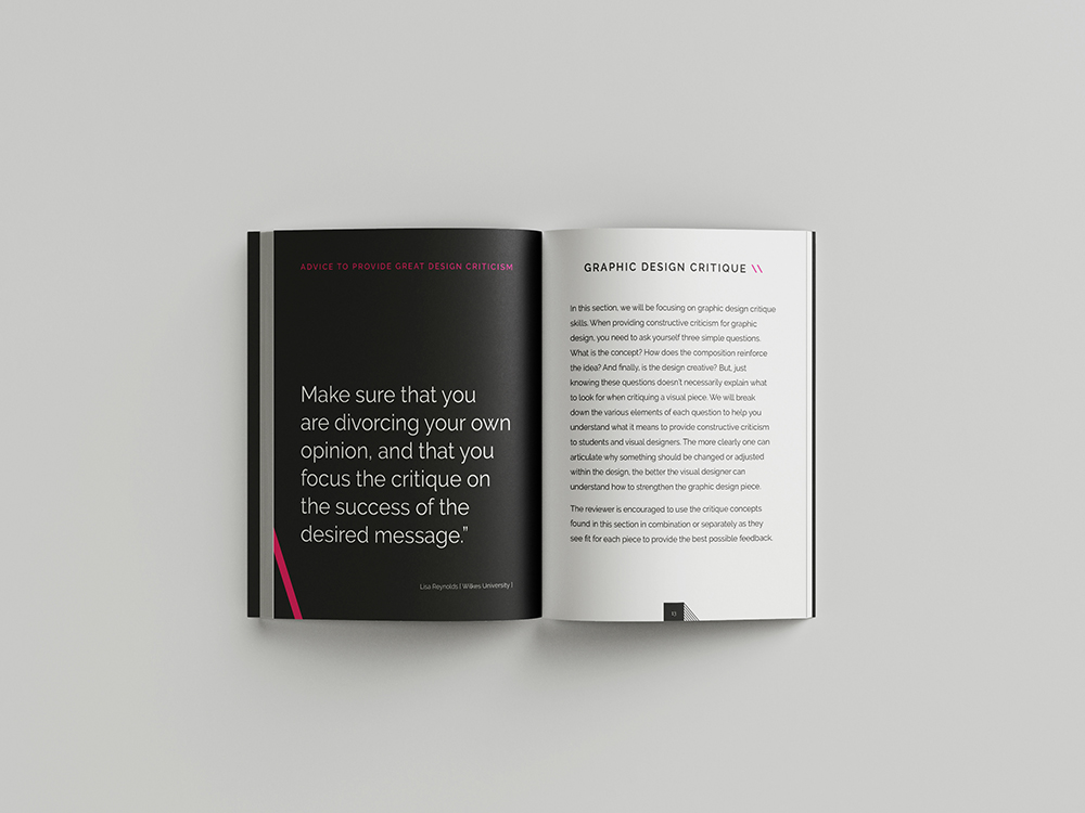 Mockups Design Open book showing graphic design critique advice with dark left page and white right page text layout