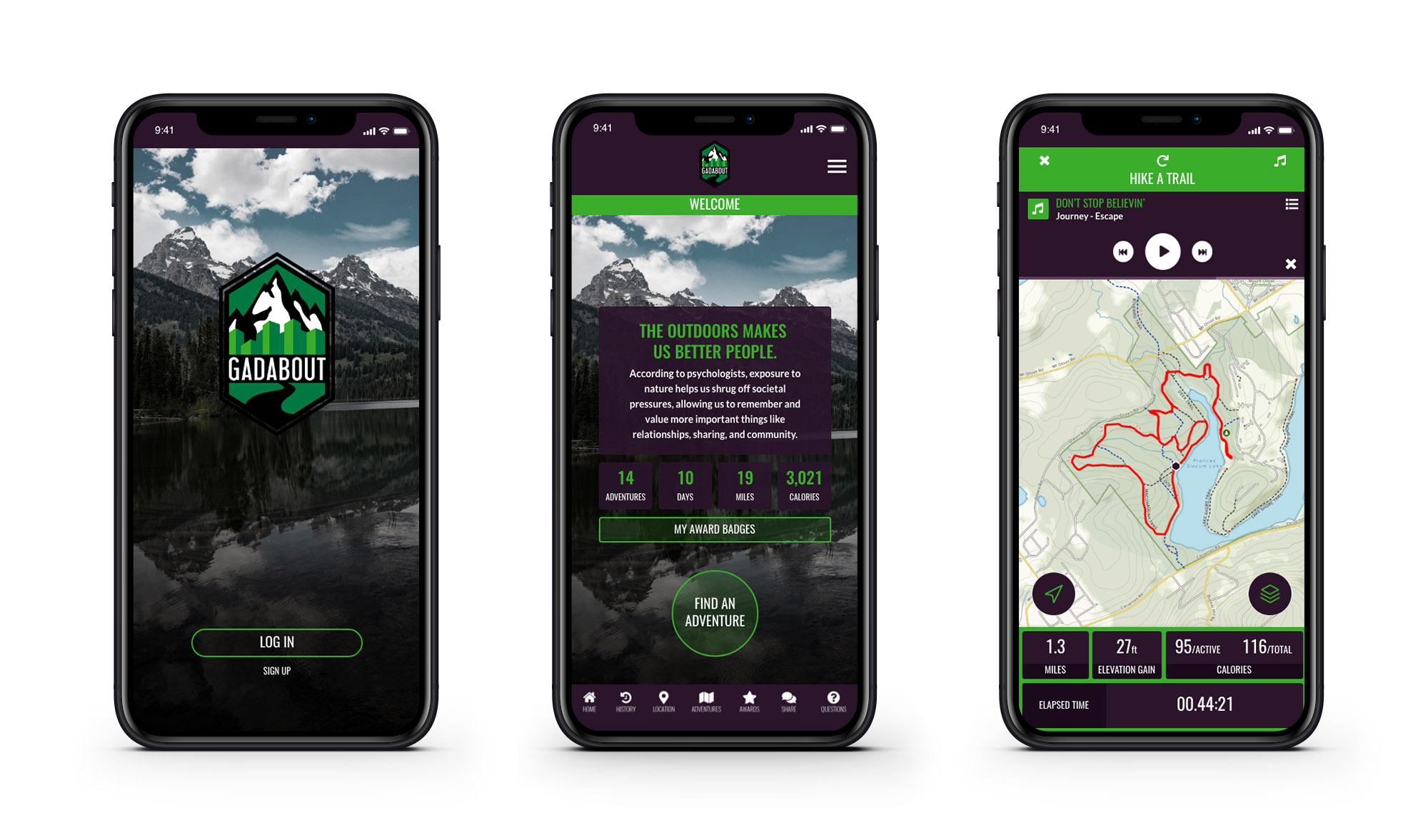 2 gadabout-mobile-app Three mobile screens showing GadAbout hiking app with login, welcome dashboard, and GPS trail tracking features.