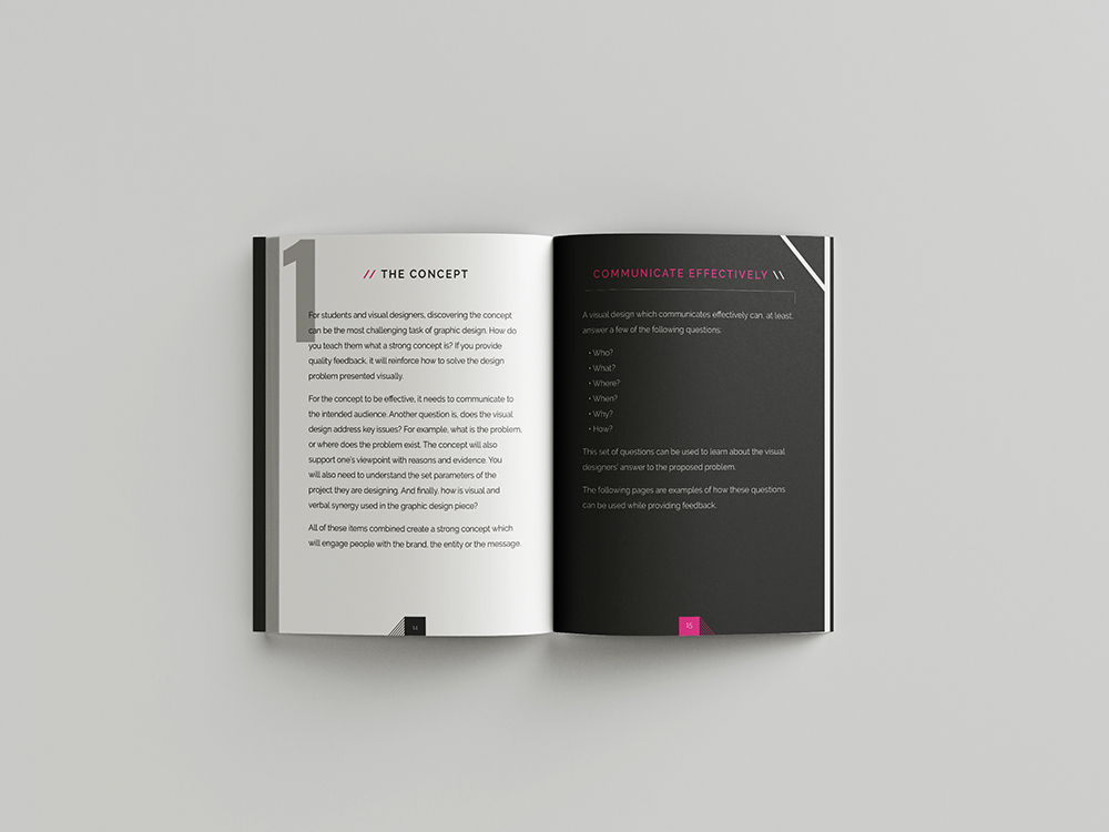 Mockups Design Open book showing The Concept chapter with white and black pages containing graphic design educational content.