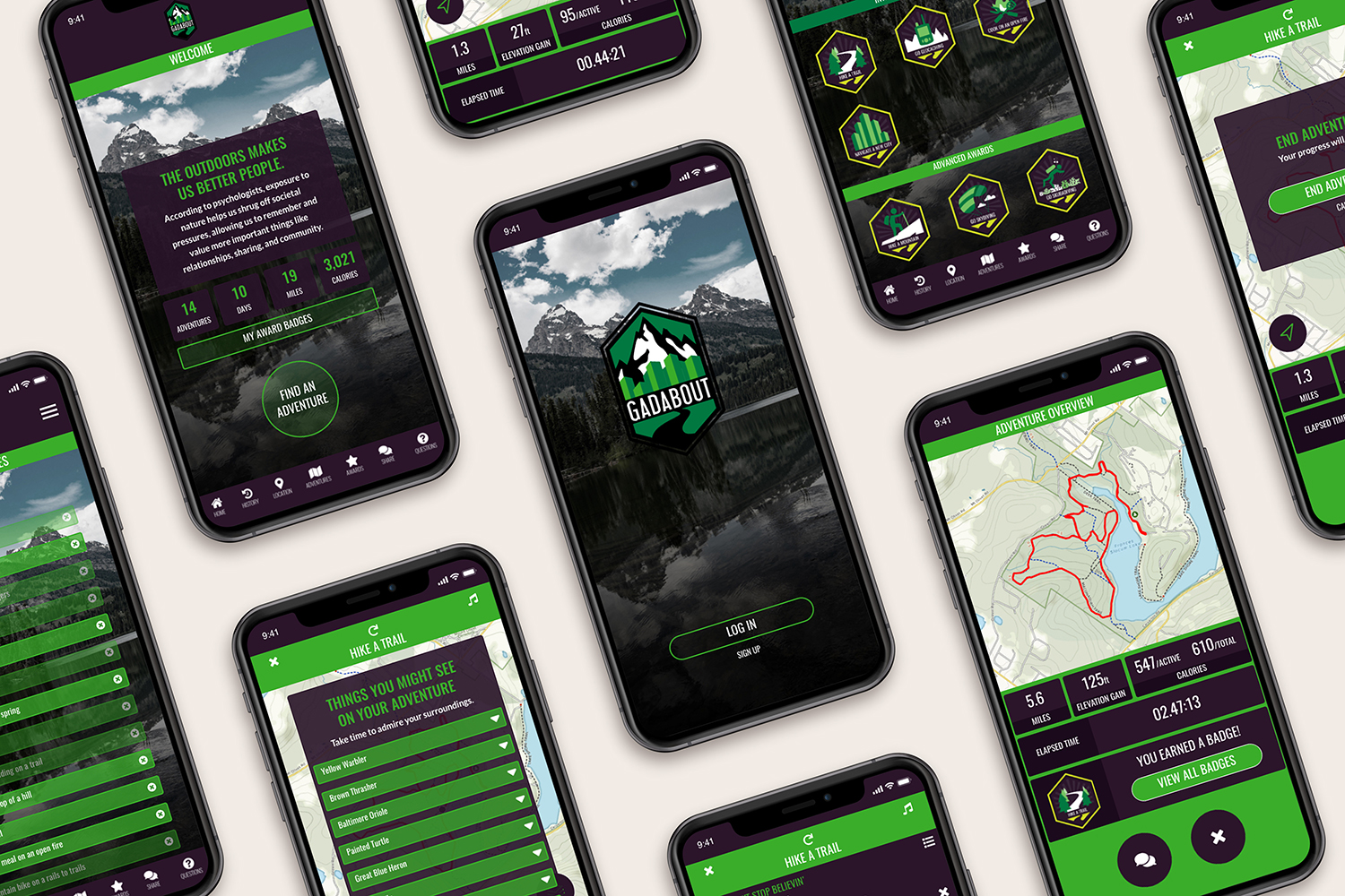 3 app-slides Multiple smartphones displaying GadAbout outdoor adventure app screens with maps, badges, and hiking trail features