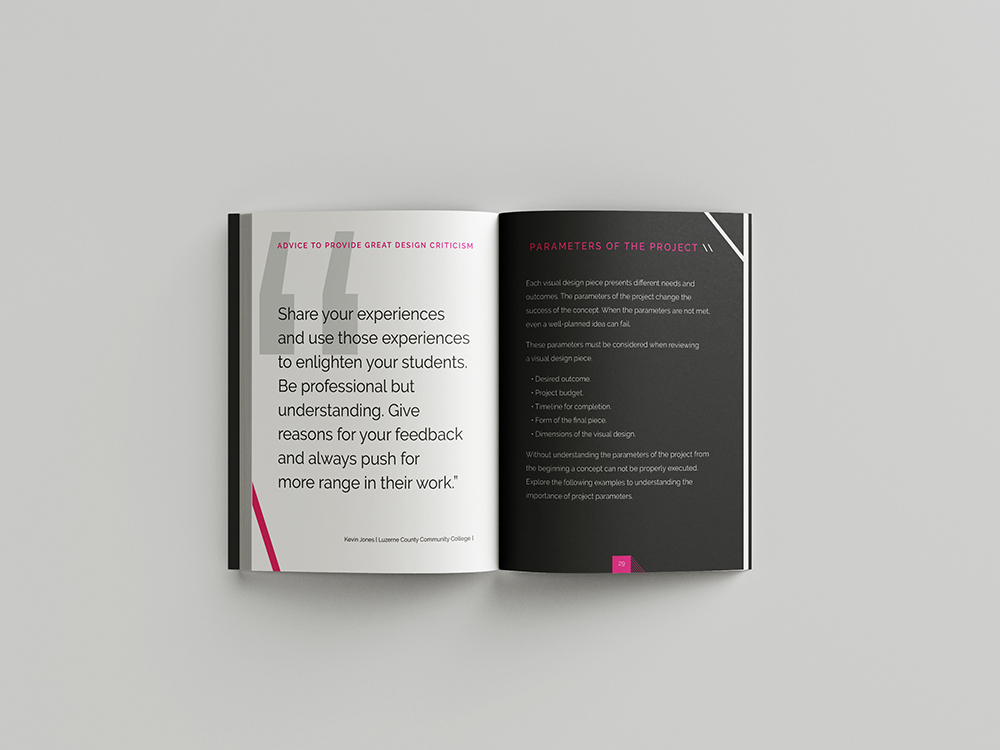 Mockups Design Open book showing design advice page with quote about sharing experiences and black page listing project parameters.