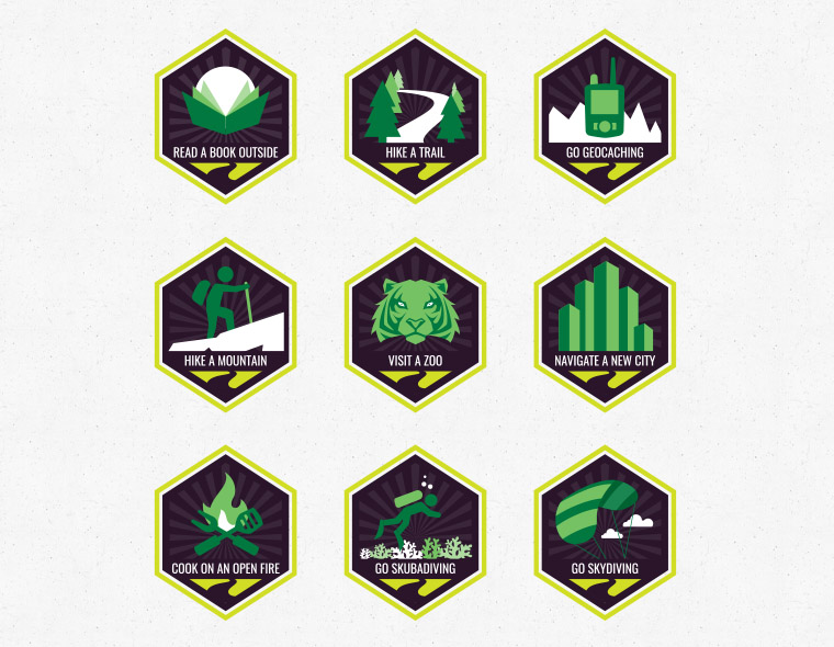 Collection of 9 hexagonal outdoor activity badges including hiking, geocaching, camping, zoo visits, and adventure sports