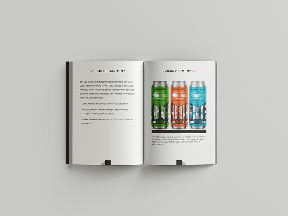 Mockups Design Open design book showing Builds Harmony chapter with three colorful beverage cans displaying geometric pattern designs