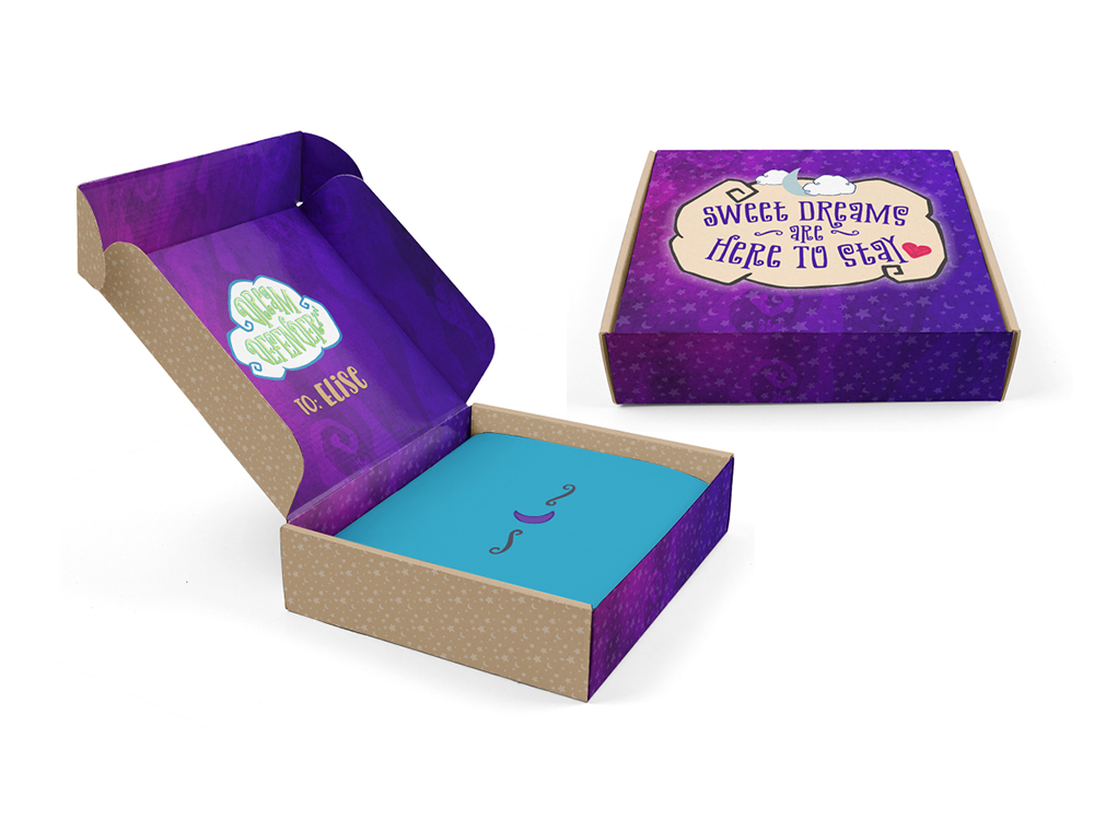 DreamDefenderz_1 Purple and teal custom printed shipping boxes with decorative text and branding for e-commerce packaging