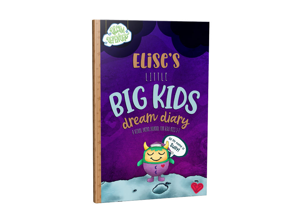 DreamDefenderz_2 Elise's Little Big Kids Dream Diary - A Visual Dream Journal for Kids Ages 3+ purple book cover with cartoon character