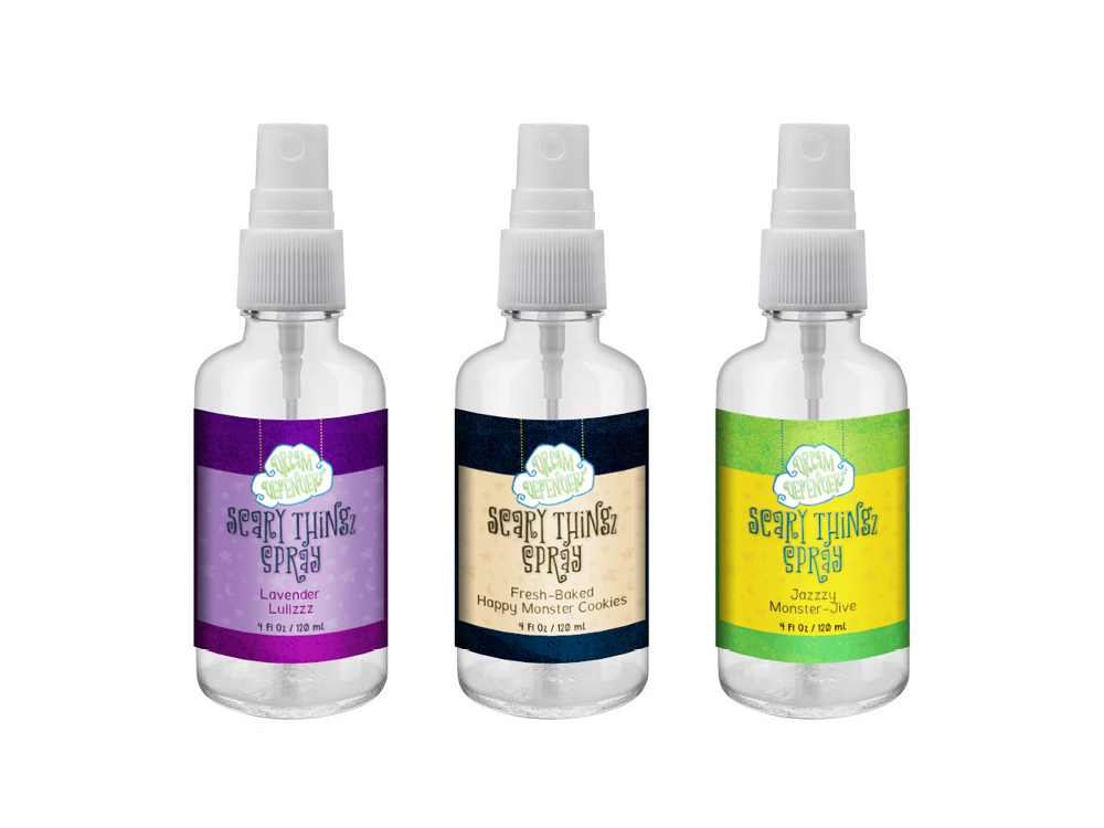 DreamDefenderz_8 Three Scary Thingz spray bottles in Lavender Lullzzz, Fresh-Baked Happy Monster Cookies, and Jazzzy Monster-Jive scents
