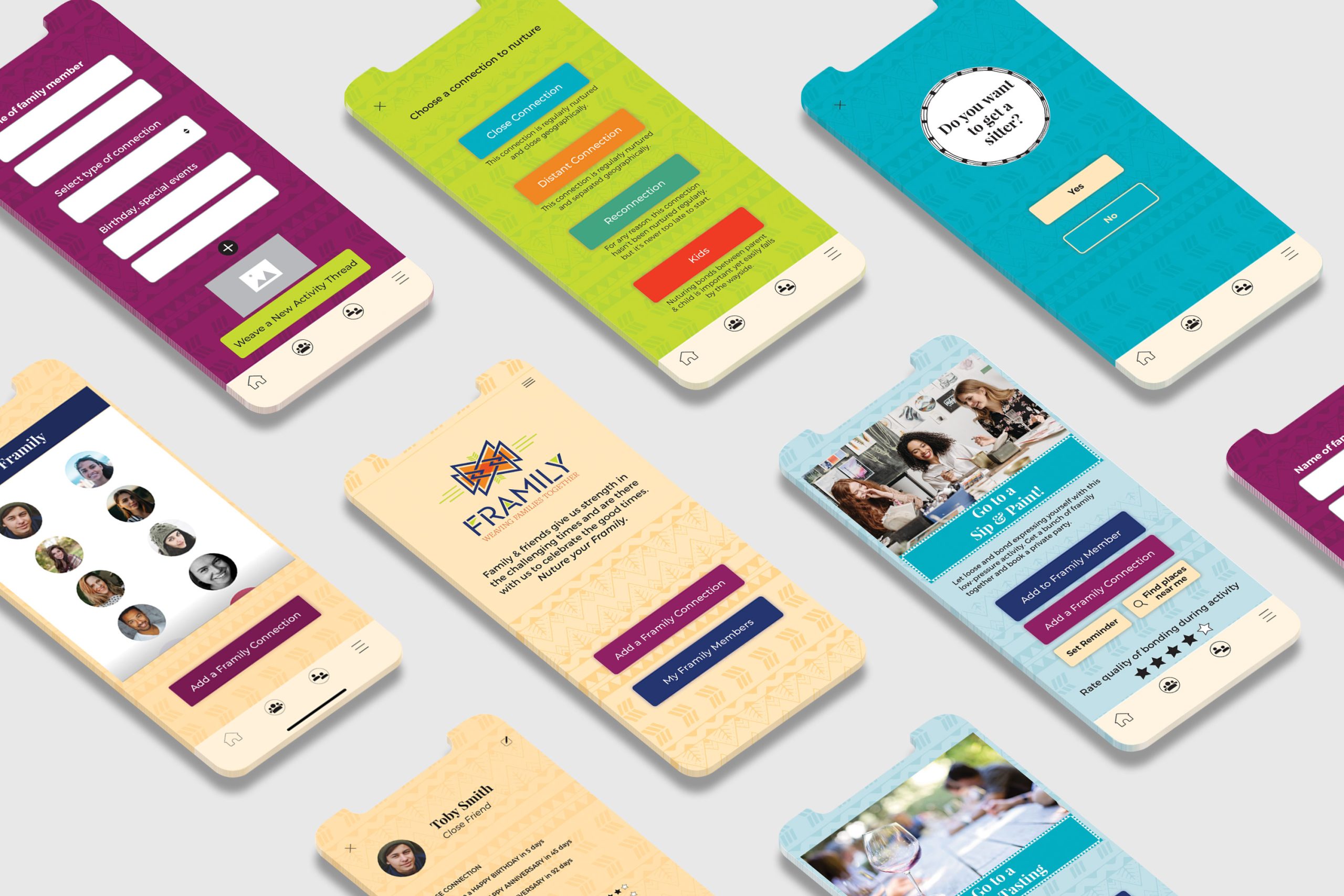 Framily_App_MU Mobile app interface mockups showing colorful screens for family connection app with user profiles and activity options