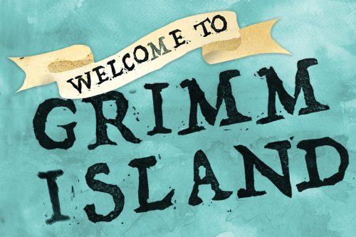GrimmIsland Welcome to Grimm Island banner with vintage ribbon design on turquoise watercolor background