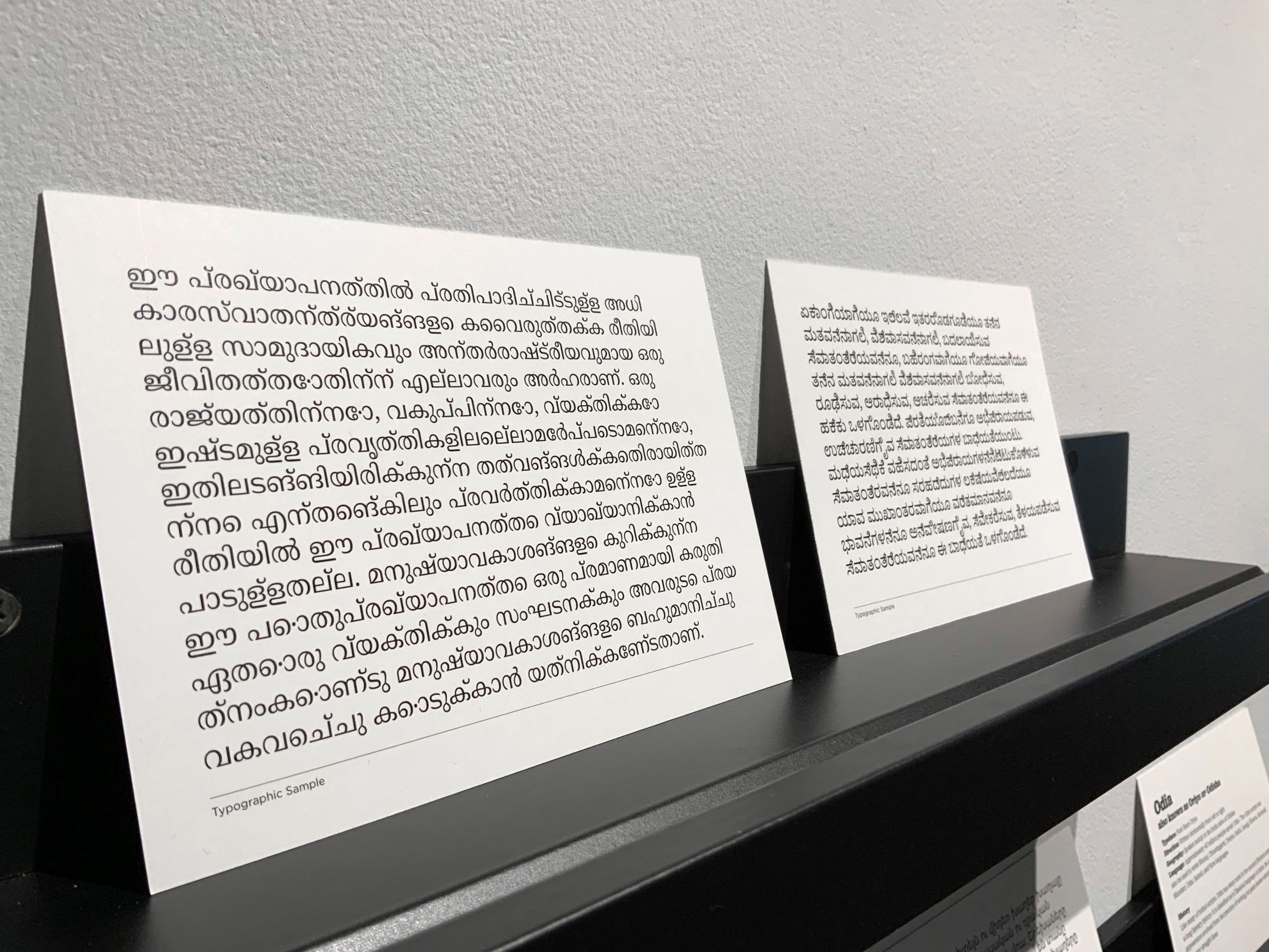 IMG_0043 Typography samples in Malayalam script displayed on white cards in museum or educational exhibit setting