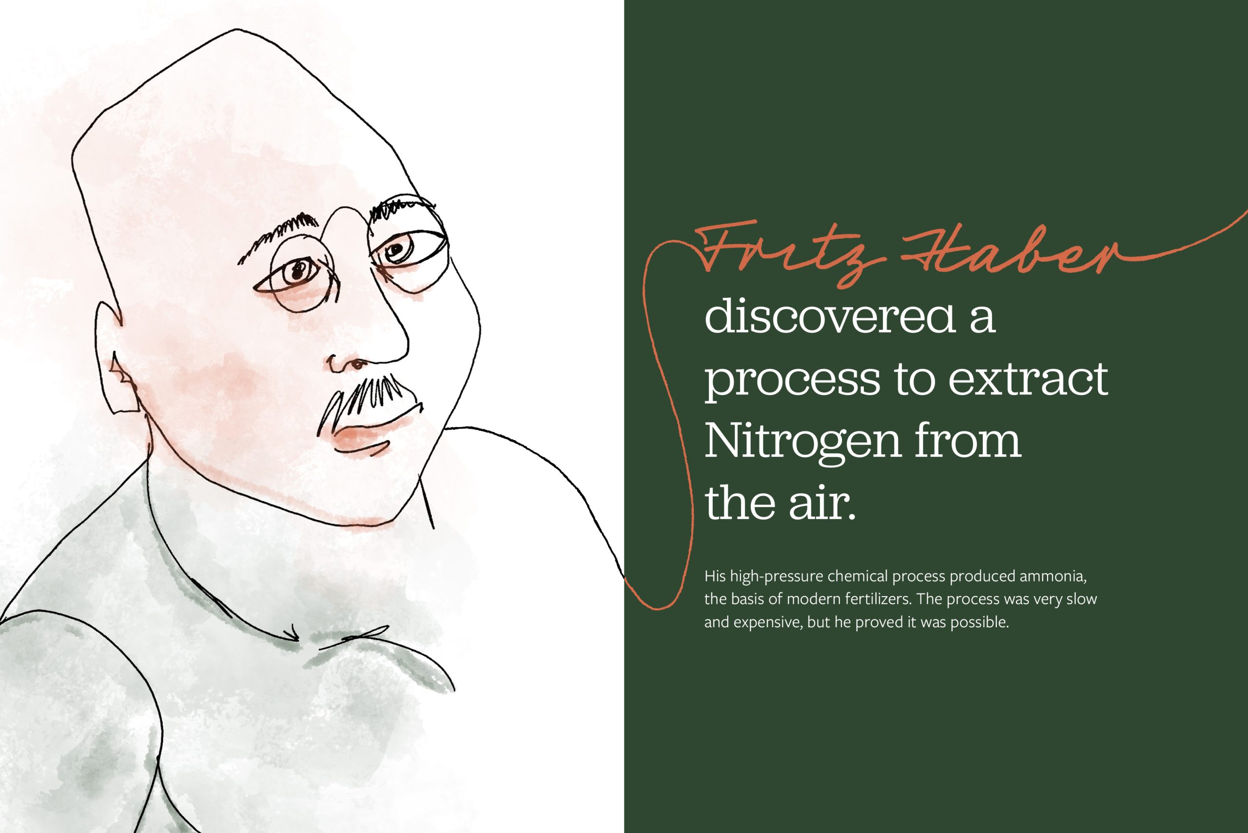 Its Complicated_Draft 5_Page_04 Fritz Haber portrait illustration with text about his nitrogen extraction process discovery for fertilizer production
