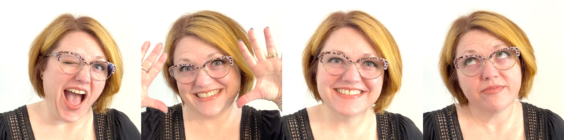 Woman with blonde bob haircut and leopard print glasses showing four different facial expressions and hand gestures