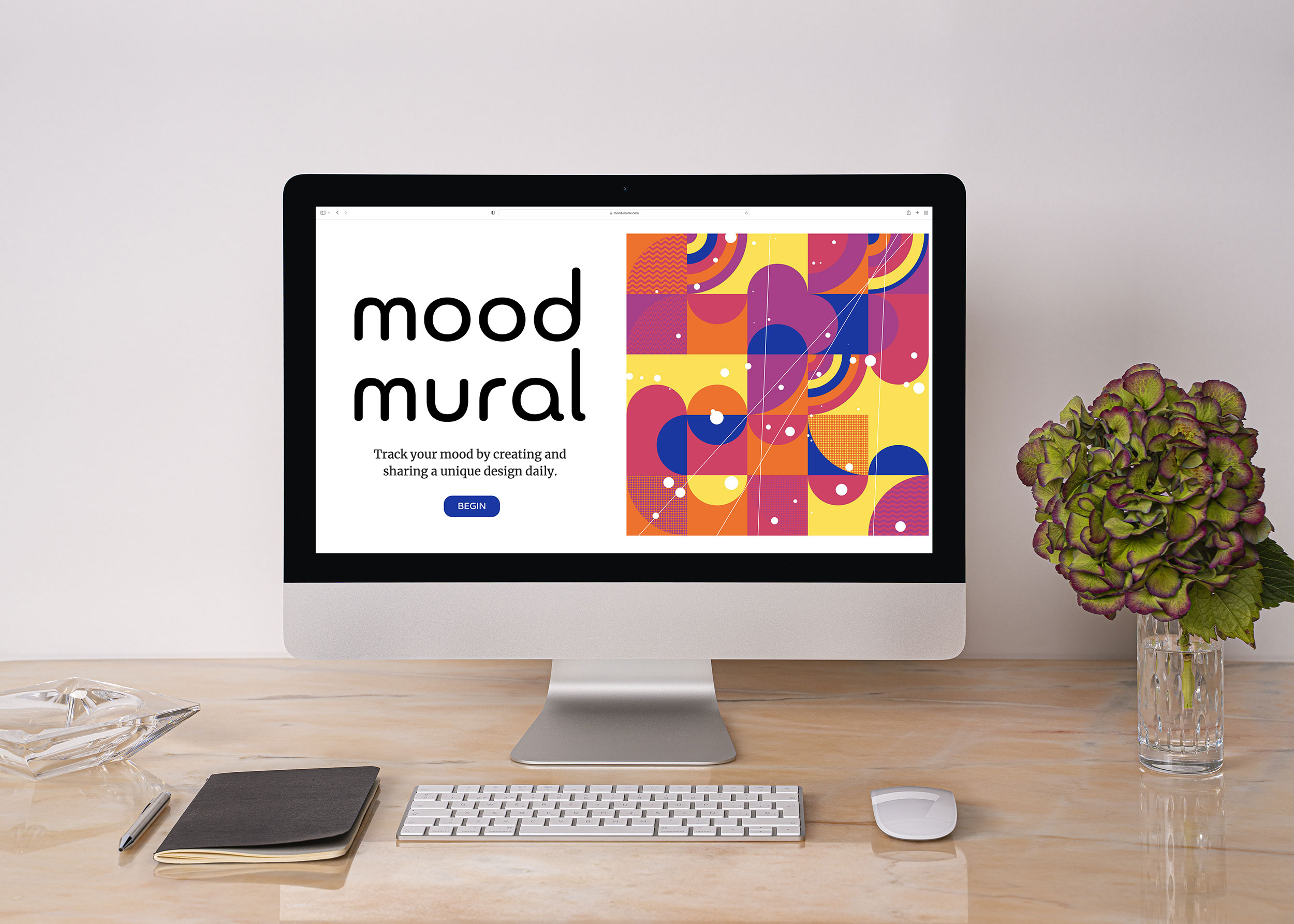 Mood Mural app displayed on desktop computer showing colorful geometric design interface for daily mood tracking