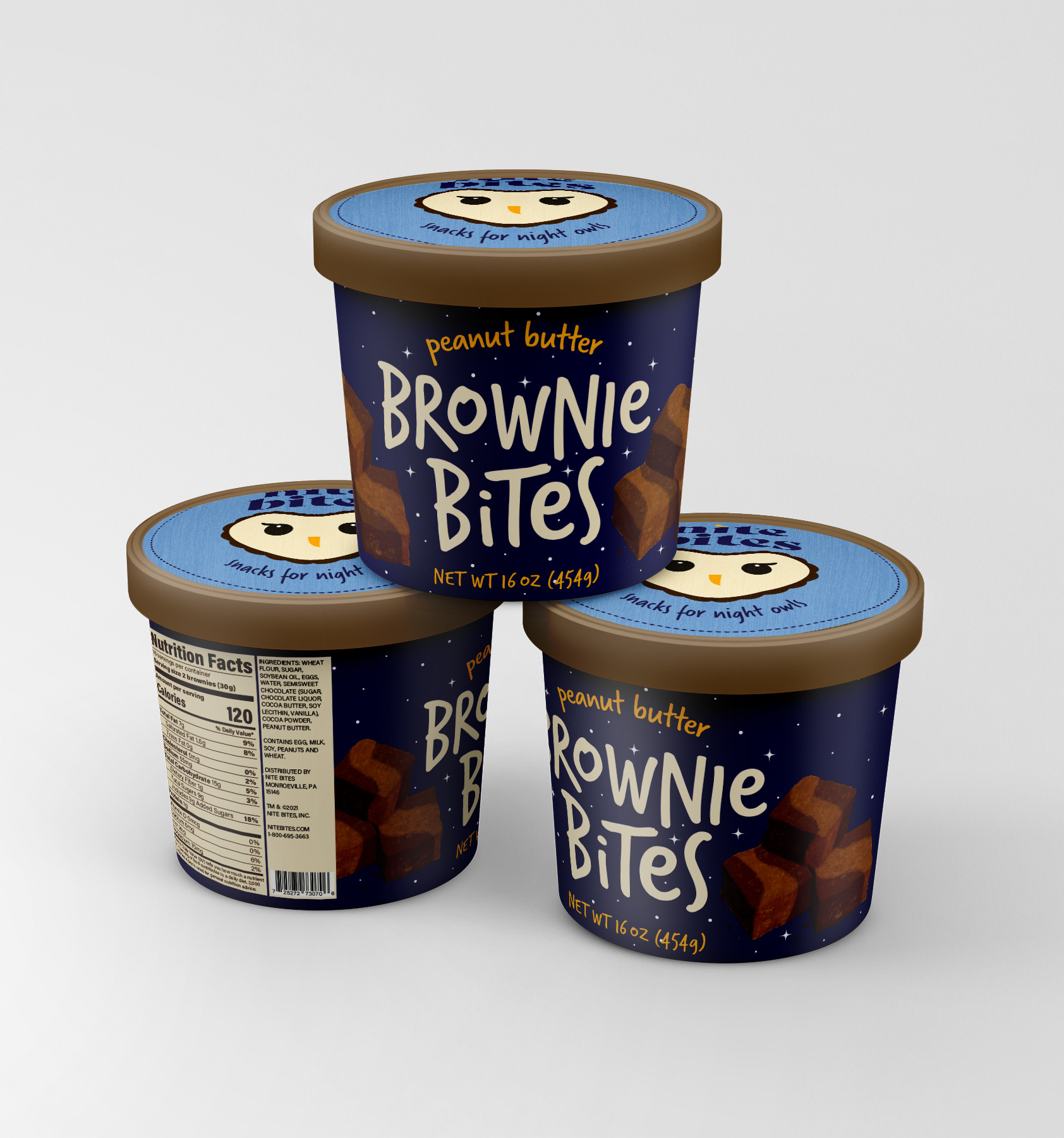 Peanut Butter Brownie Bites ice cream containers with owl logo, 16 oz tubs, night owl themed packaging design