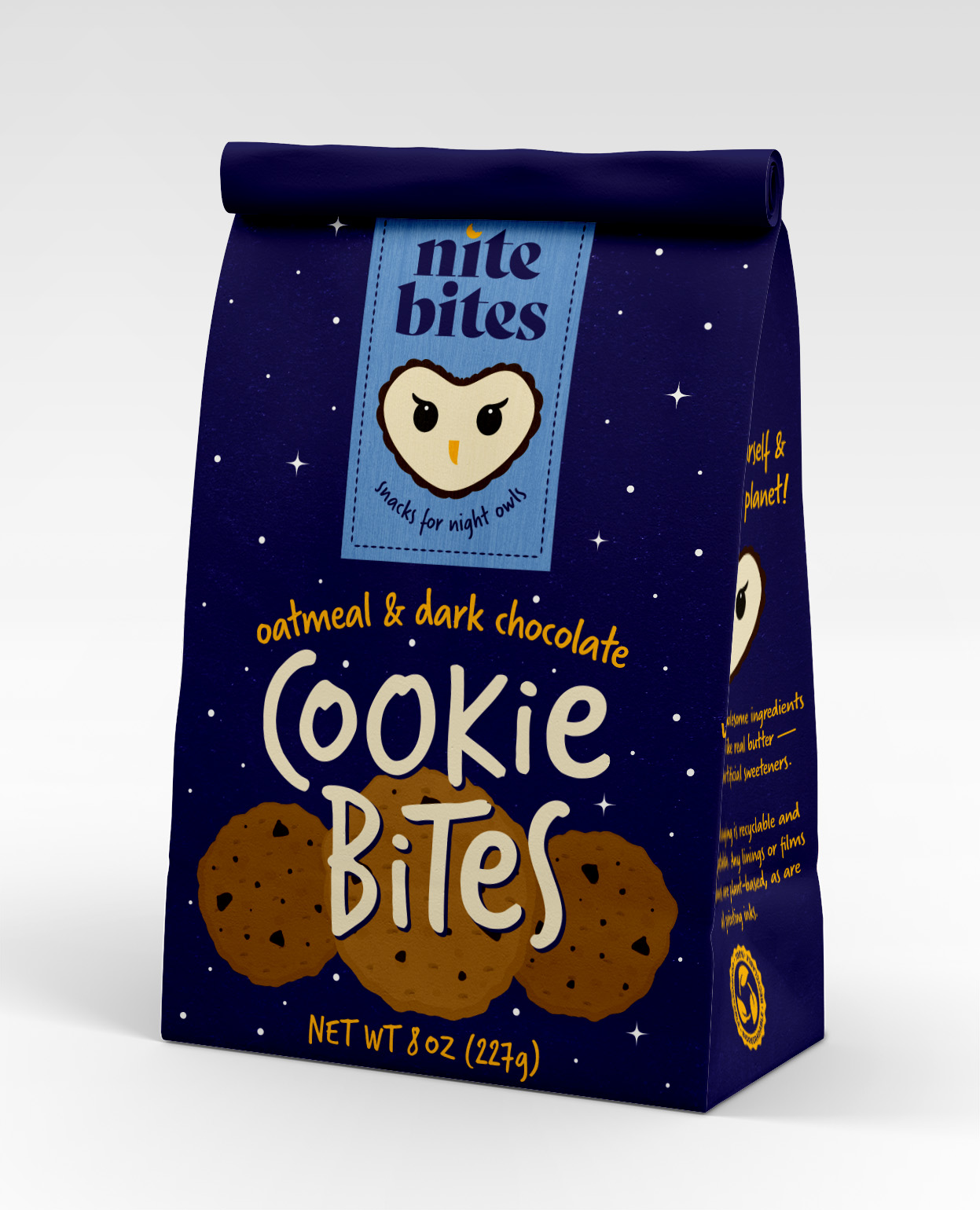 Nite Bites oatmeal & dark chocolate cookie bites package - 8oz bag with owl logo and starry night design