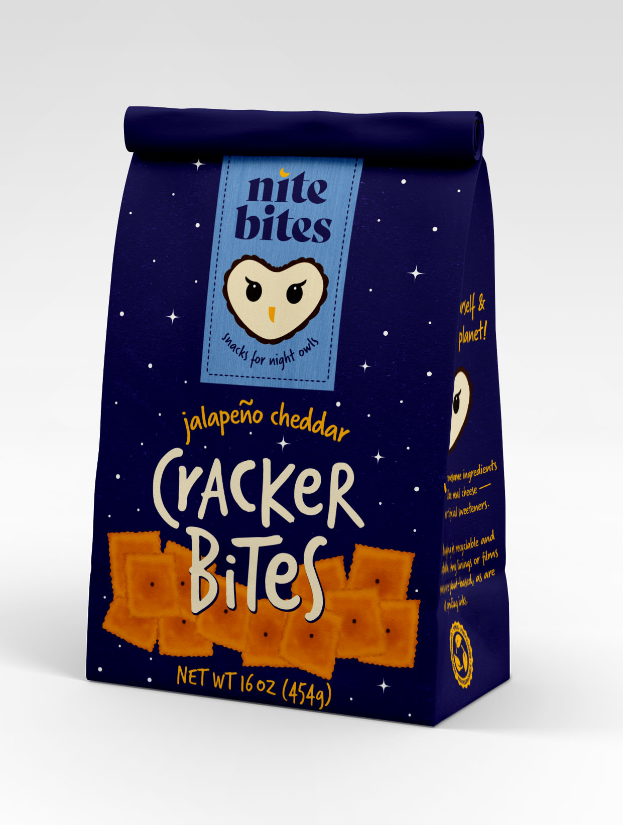 Nite Bites Jalapeño Cheddar Cracker Bites package - 16oz bag of night owl themed snacks on starry blue background