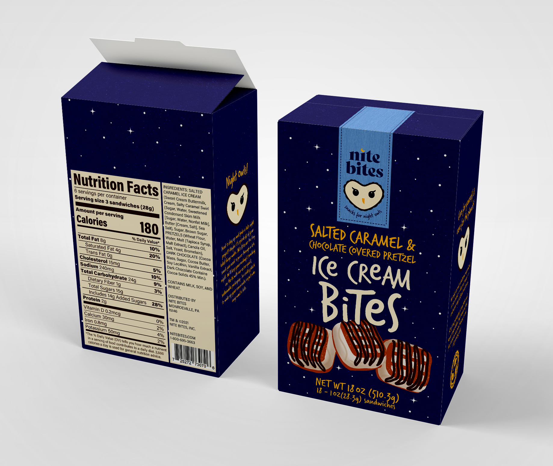 Nite Bites salted caramel chocolate pretzel ice cream bites package showing nutrition facts and product details