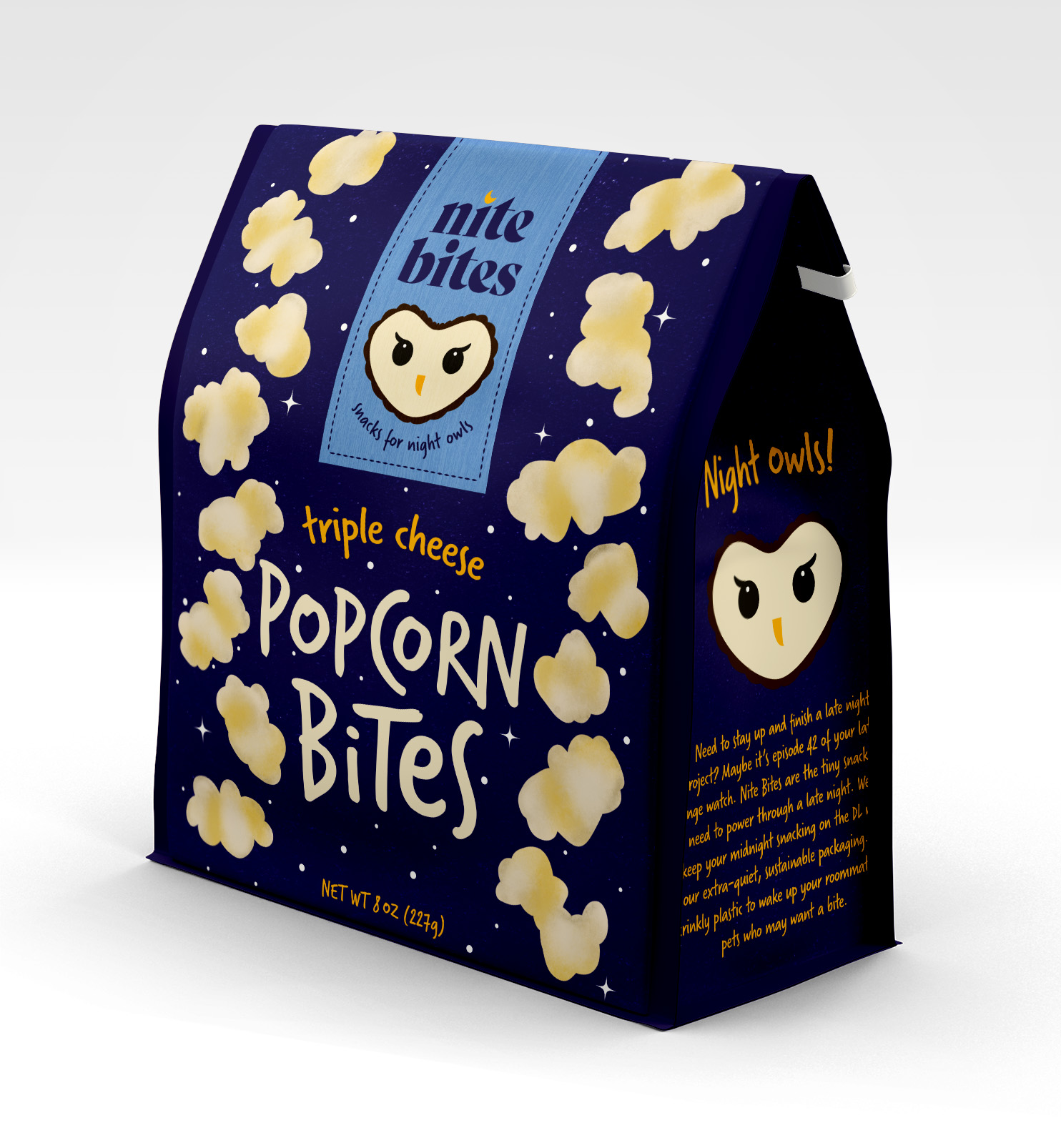 Nite Bites triple cheese popcorn package with owl logo and night sky design for late-night snacking