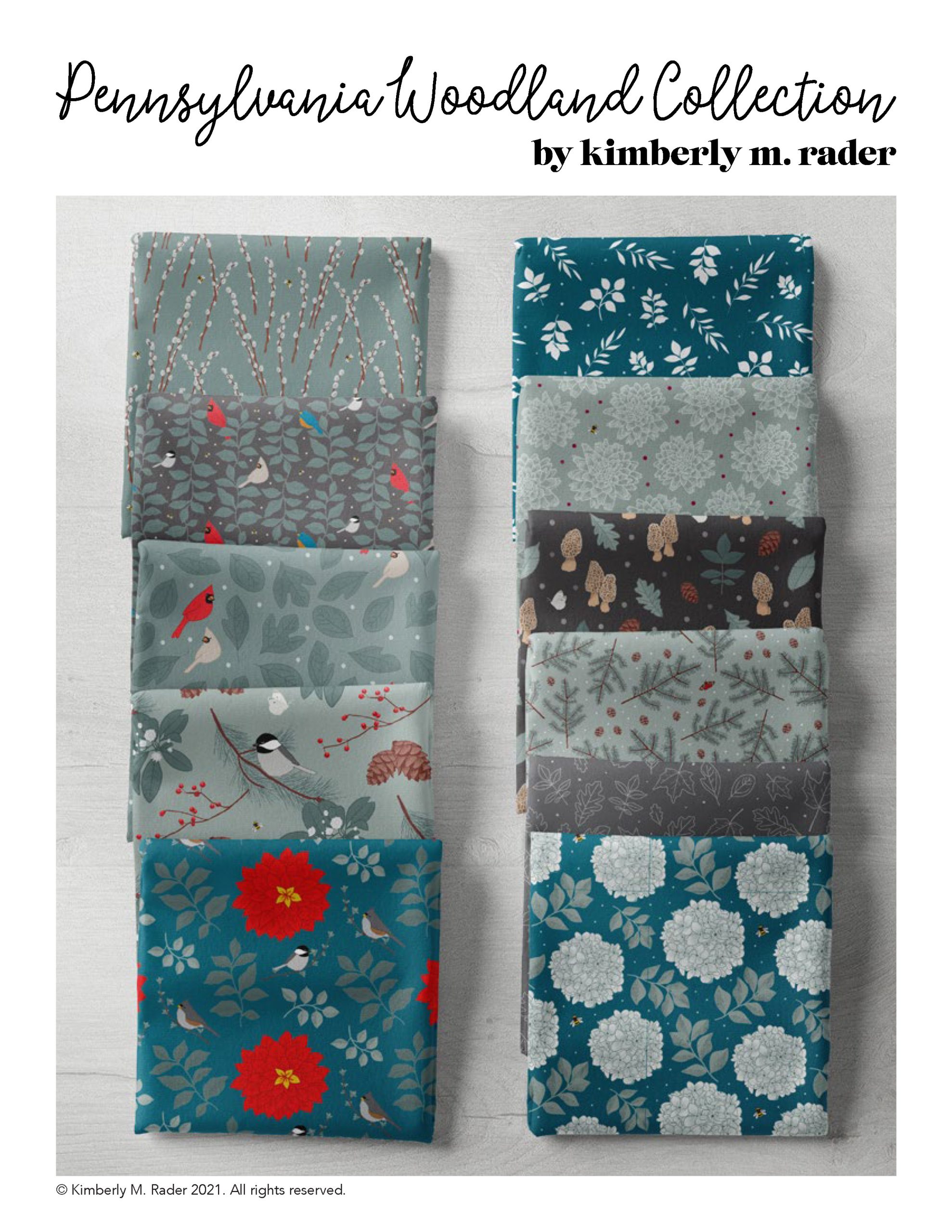 Pennsylvania Woodland Collection fabric swatches by Kimberly M. Rader featuring birds, leaves, and floral patterns