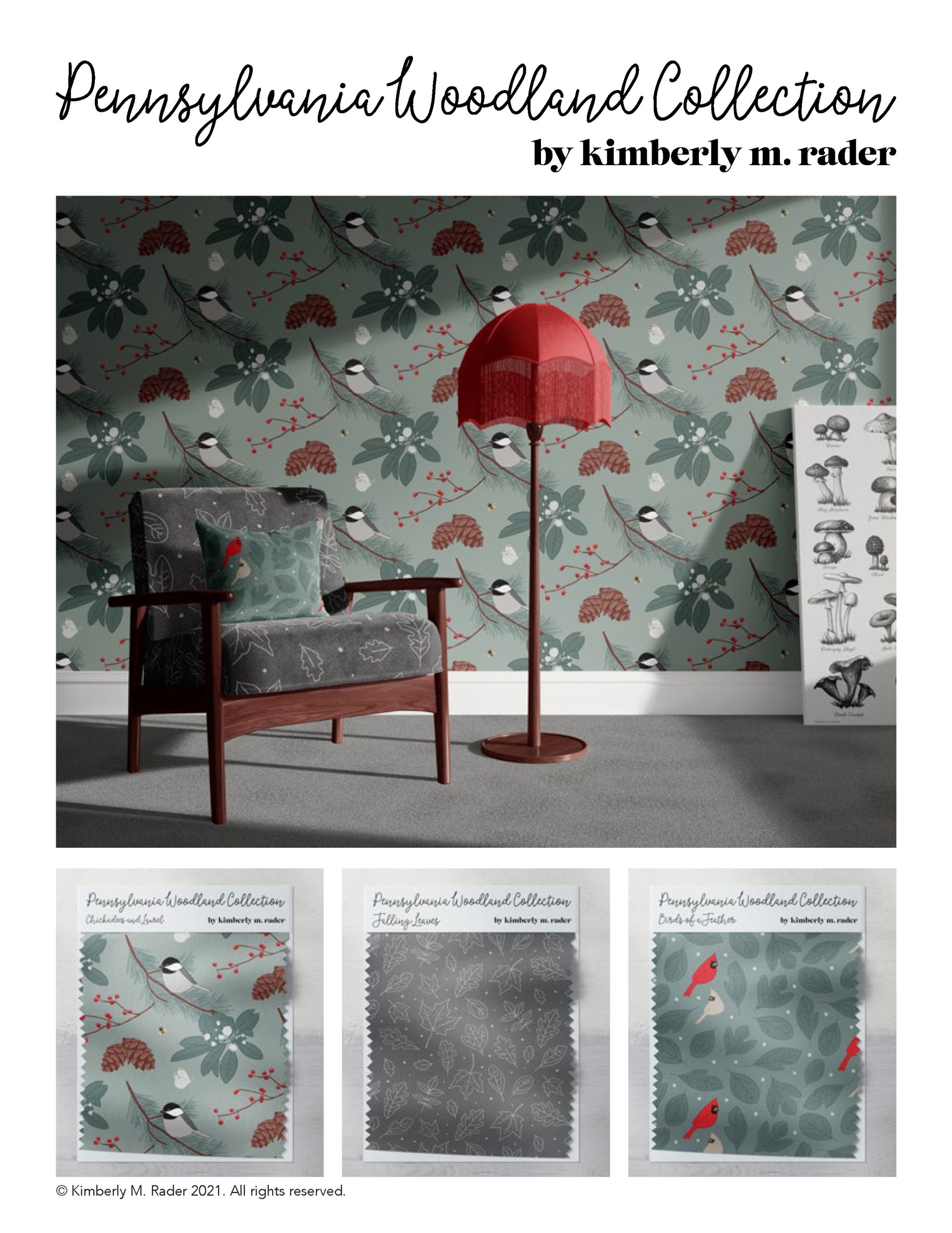 Pennsylvania Woodland Collection wallpaper featuring birds, berries and leaves in sage green with matching chair fabric