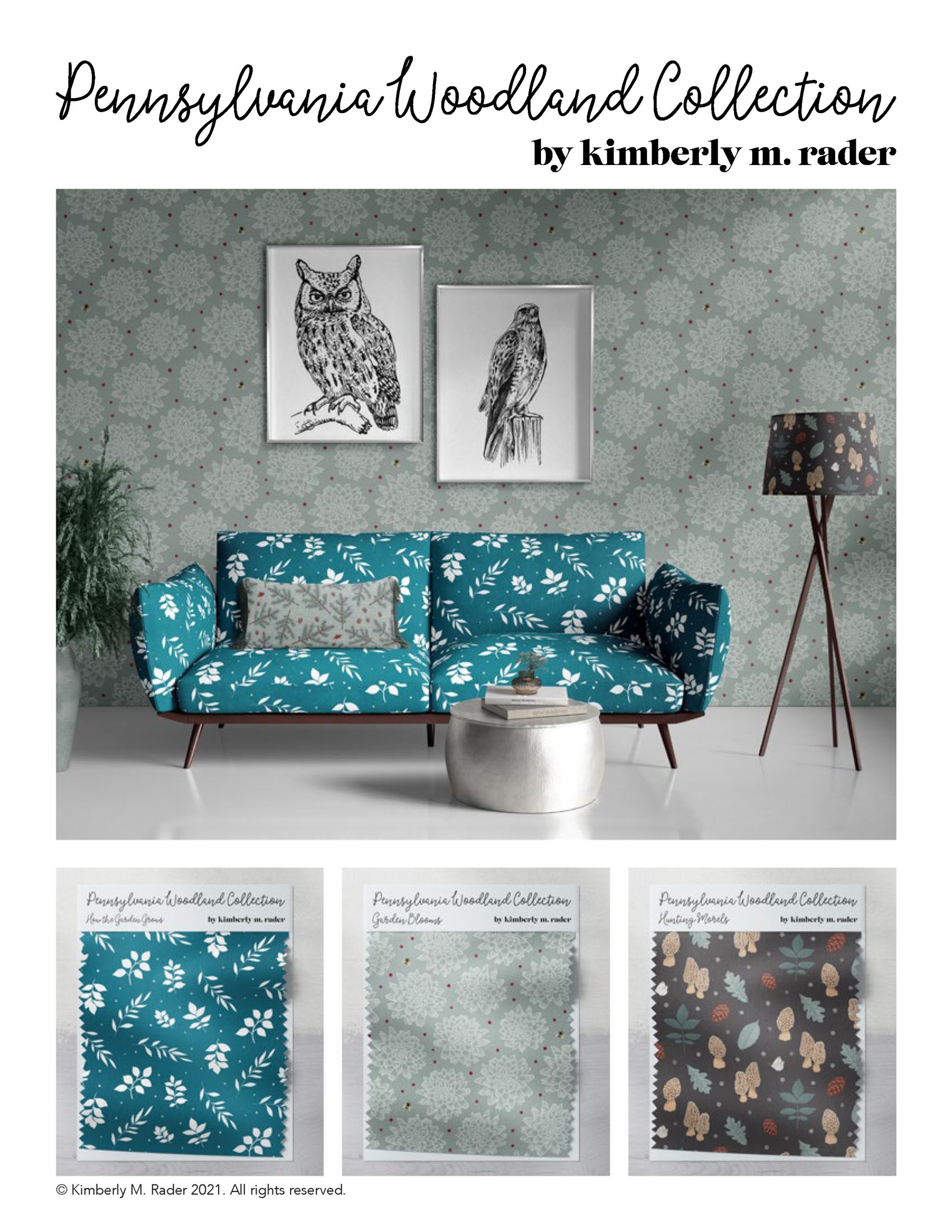 Pennsylvania Woodland Collection fabric patterns by Kimberly M. Rader featuring botanical and nature-inspired designs on sofa