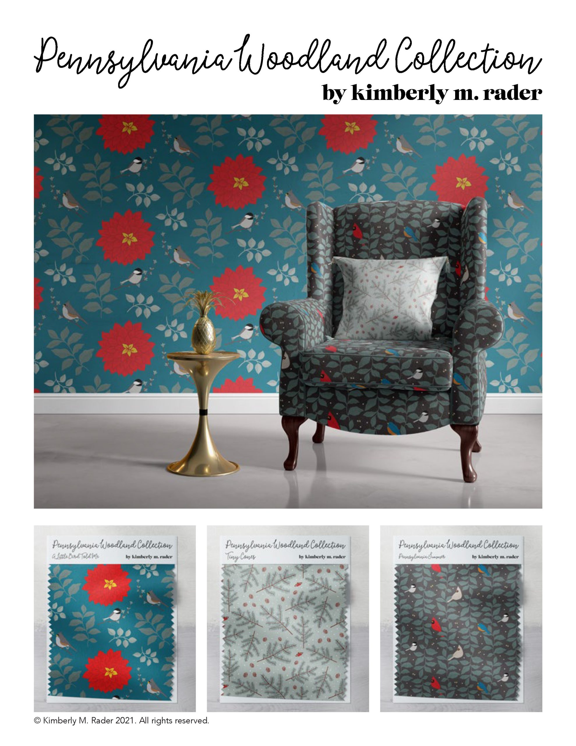 Pennsylvania Woodland Collection fabric patterns by Kimberly M. Rader featuring birds, flowers, and botanical designs