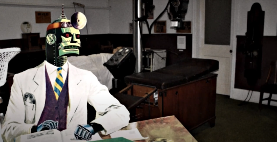Screen Shot 2022-05-04 at 8.53.17 AM Robot in white lab coat and tie sitting at desk in vintage laboratory with scientific equipment and books