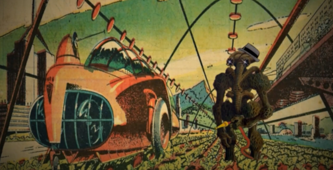 Screen Shot 2022-05-04 at 8.53.35 AM Retro futuristic illustration of astronauts and spacecraft in alien landscape with domed buildings and green sky