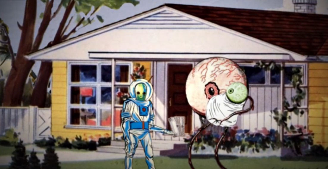 Screen Shot 2022-05-04 at 8.53.45 AM Retro sci-fi illustration of alien and astronaut outside suburban home with large windows and yellow siding