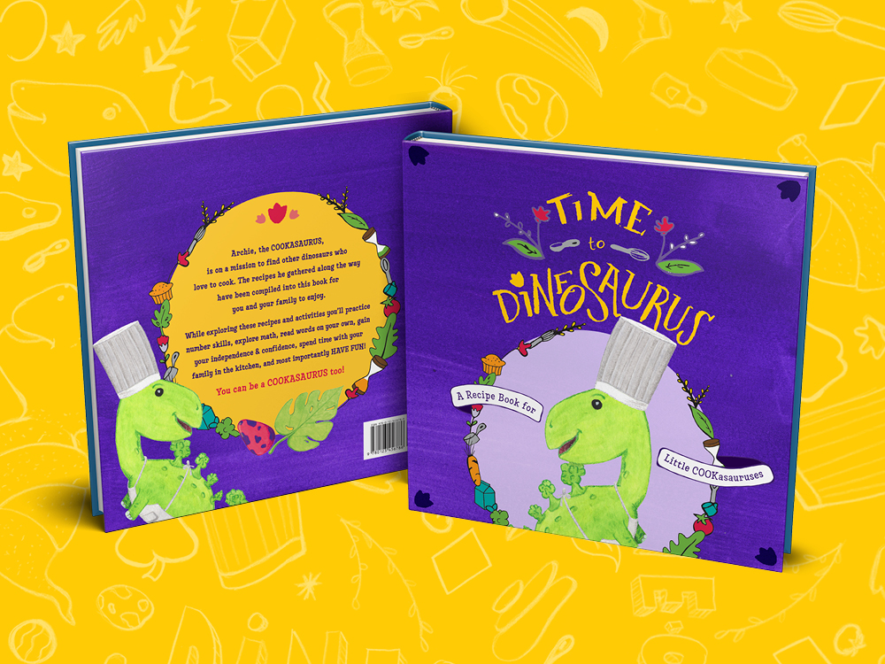TimeToDineOsaurus_ Time to Dinosaurus cookbook for kids with green dinosaur chef character on purple cover against yellow background