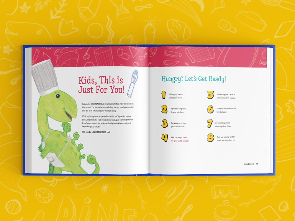 TimeToDineOsaurus_2 Children's cookbook spread featuring green dinosaur chef character with cooking safety tips and numbered instructions