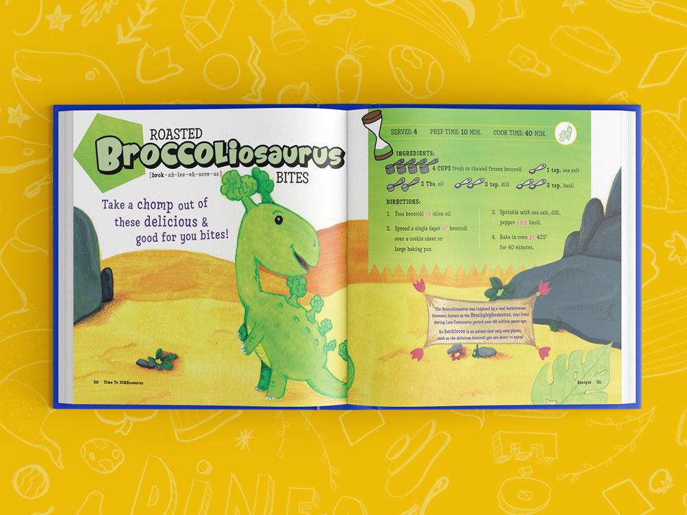 TimeToDineOsaurus_3 Children's cookbook showing Roasted Broccoliosaurus Bites recipe with green dinosaur character and cooking instructions
