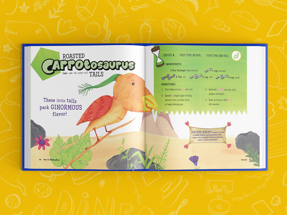 TimeToDineOsaurus_4 Children's cookbook showing roasted carrotosaurus tails recipe with colorful dinosaur illustration and cooking instructions