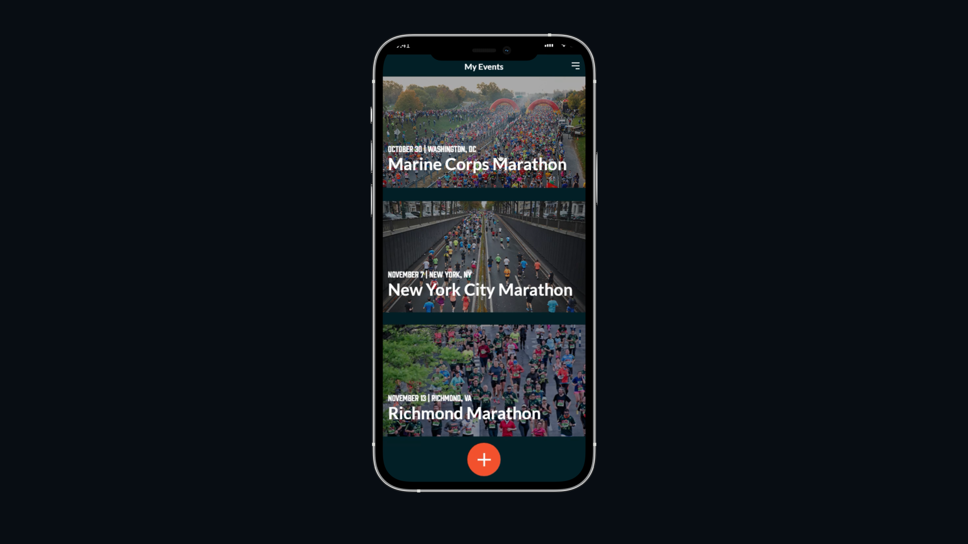 UltraSpec_events Marathon events mobile app showing Marine Corps, NYC, and Richmond marathons with dates and locations displayed