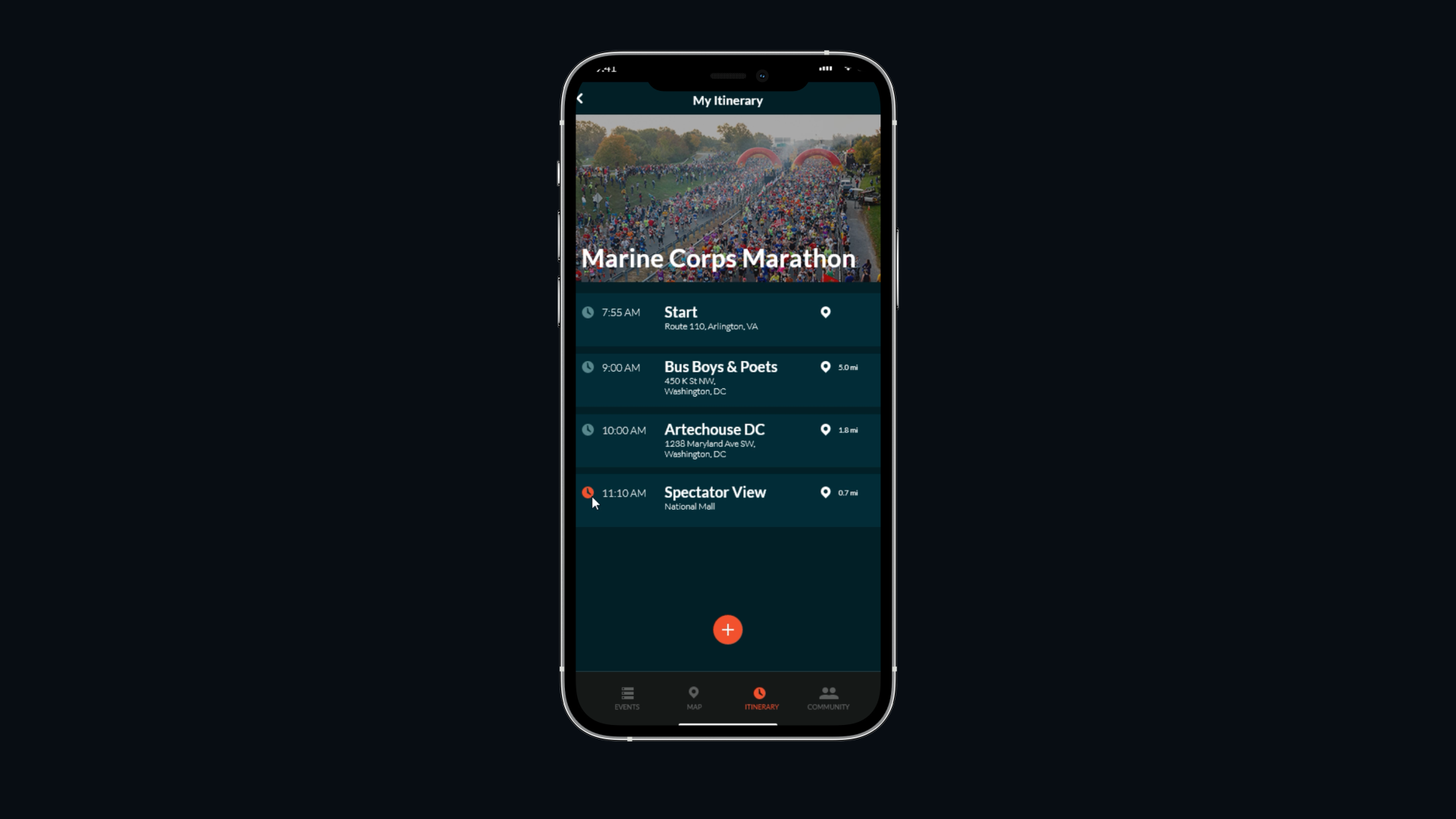 UltraSpec_itinerary Mobile app itinerary for Marine Corps Marathon showing schedule with start time, Bus Boys & Poets, Artechouse DC stops