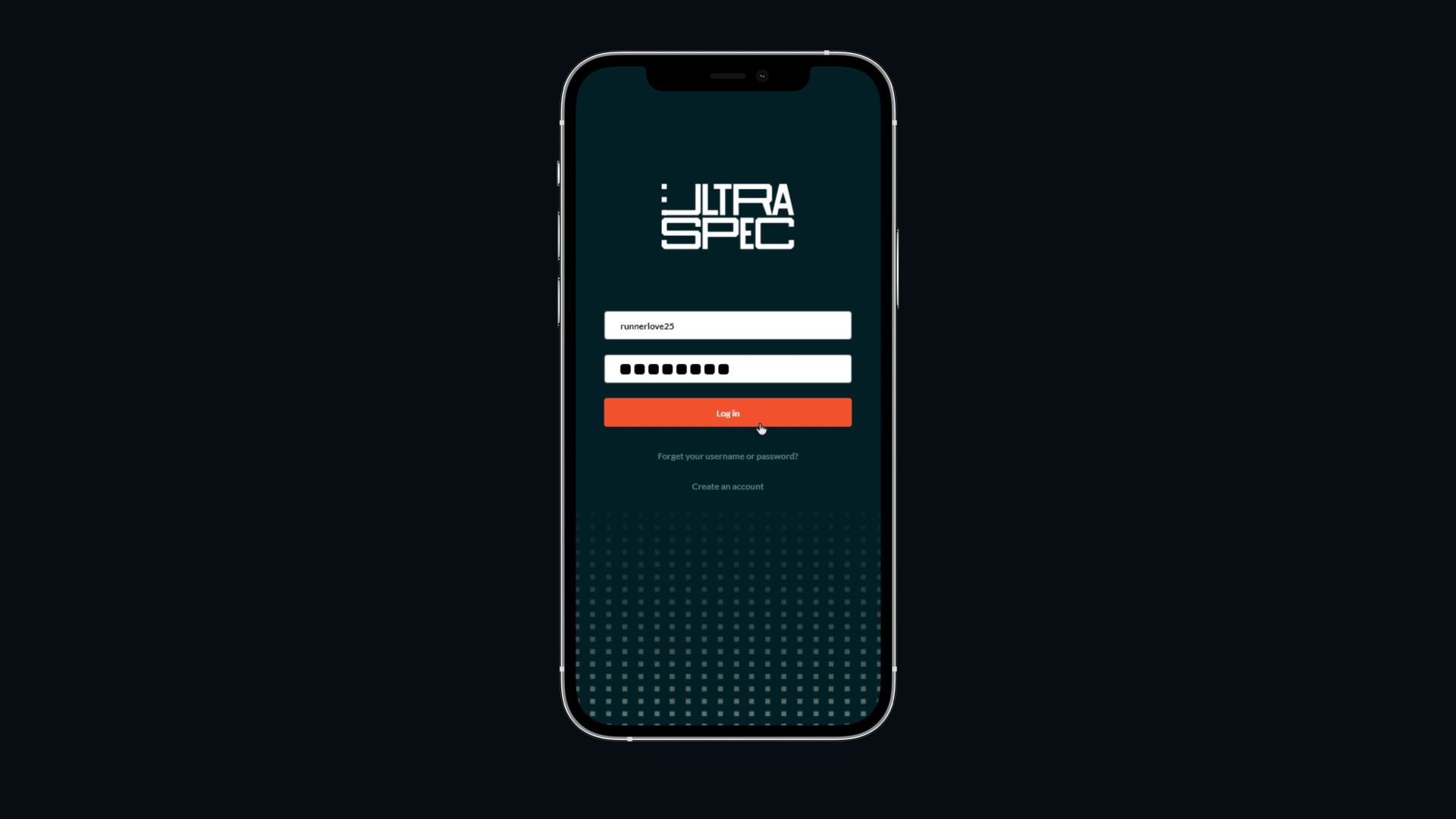 UltraSpec_login UltraSpec mobile app login screen showing username field, password field, and orange Log In button on smartphone display