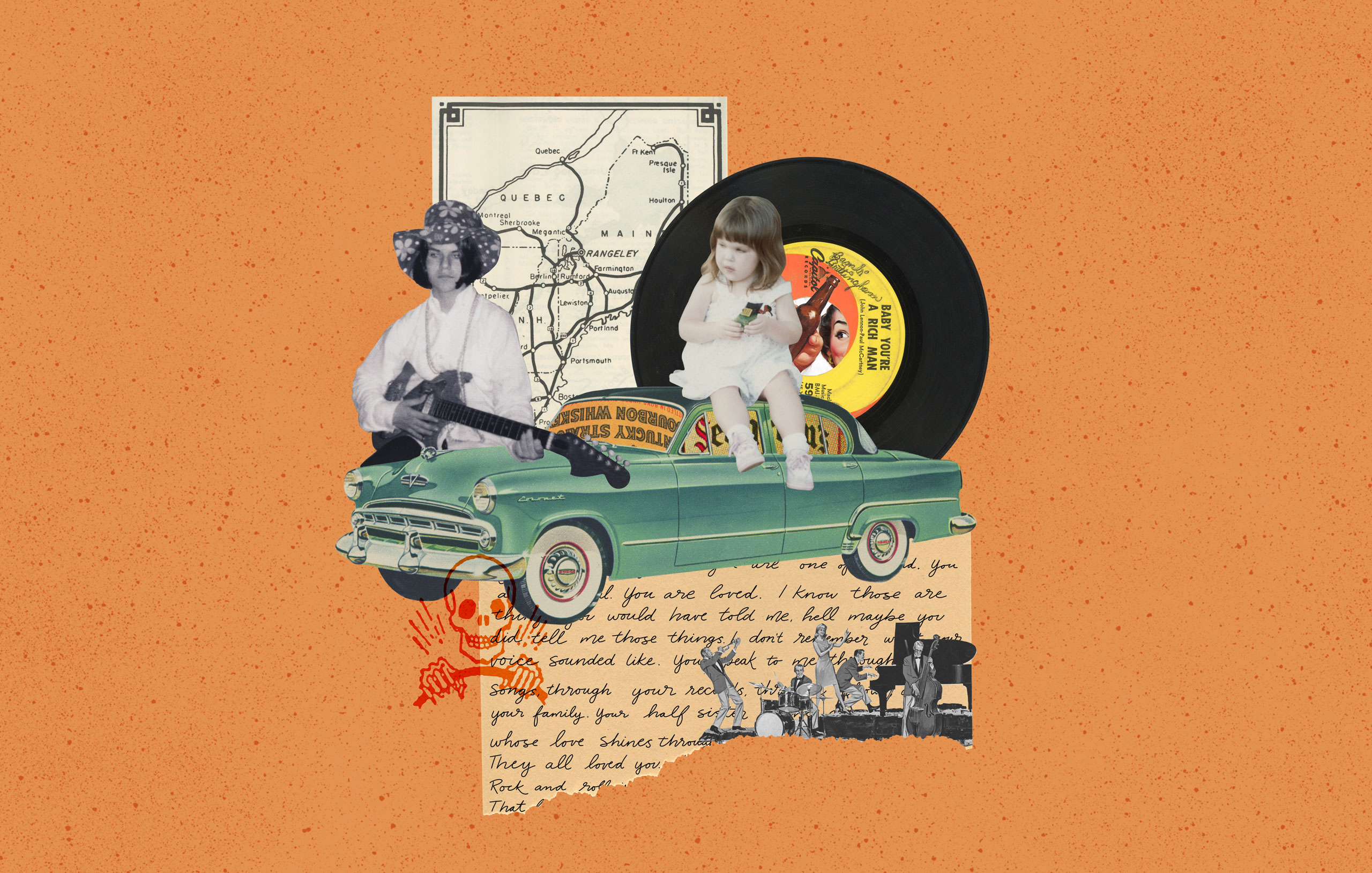 Vintage collage with green car, vinyl record, map, guitar player, child, and handwritten text on orange background