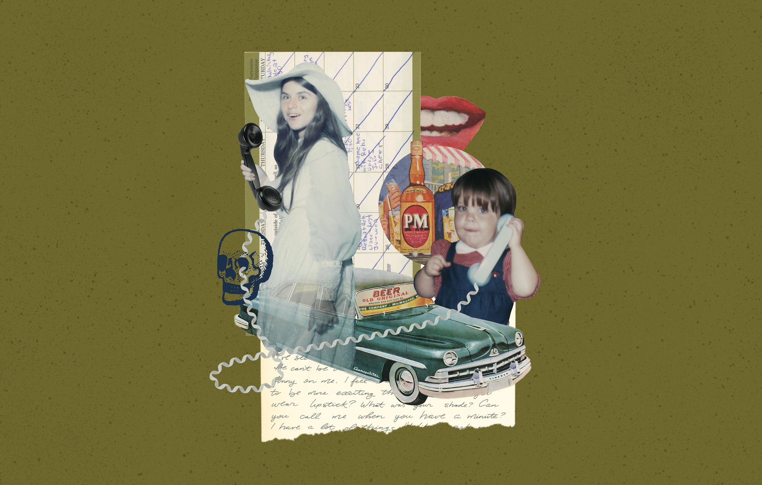 Vintage collage artwork featuring retro telephone, classic car, old photos, and nostalgic mid-century elements