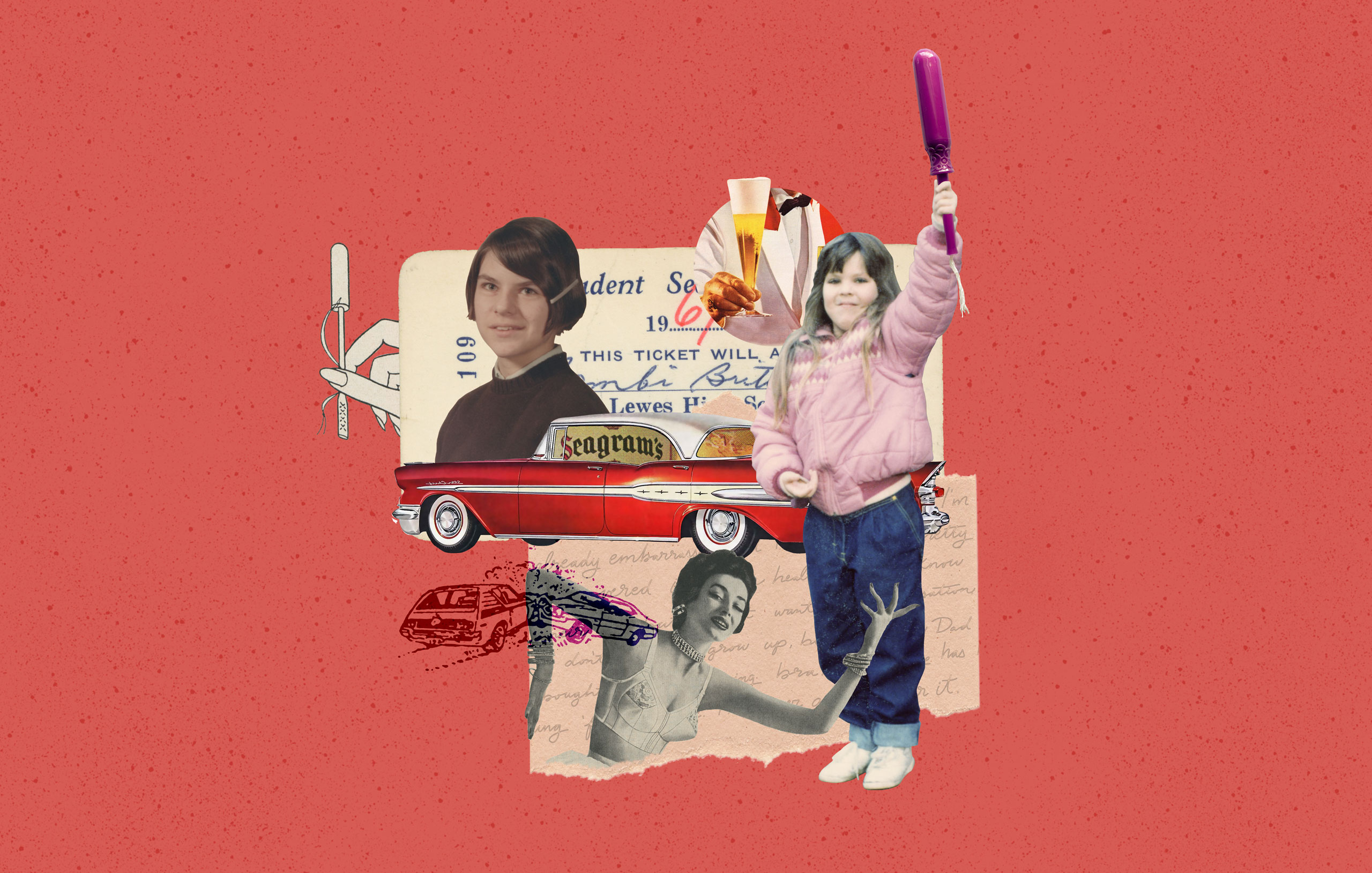 Vintage collage art featuring people, classic red car, tickets, and mixed media elements on coral background