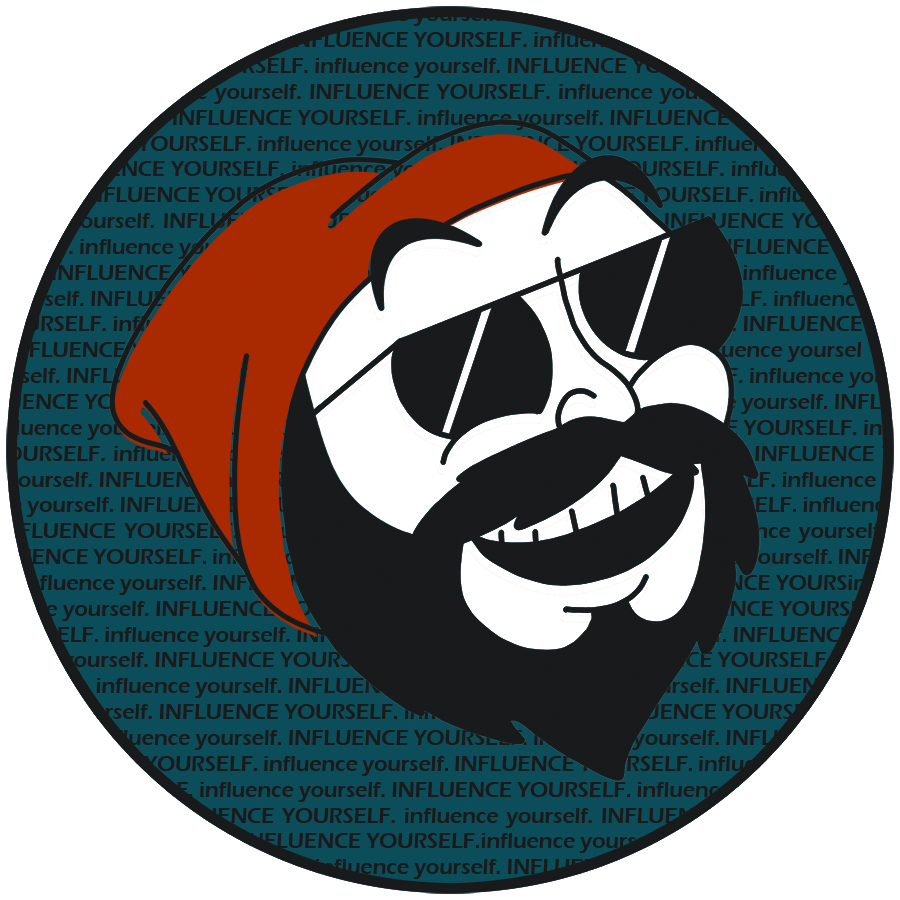 face sticker final copy Bearded man with sunglasses and red cap smiling, surrounded by INFLUENCE YOURSELF text pattern in circular design