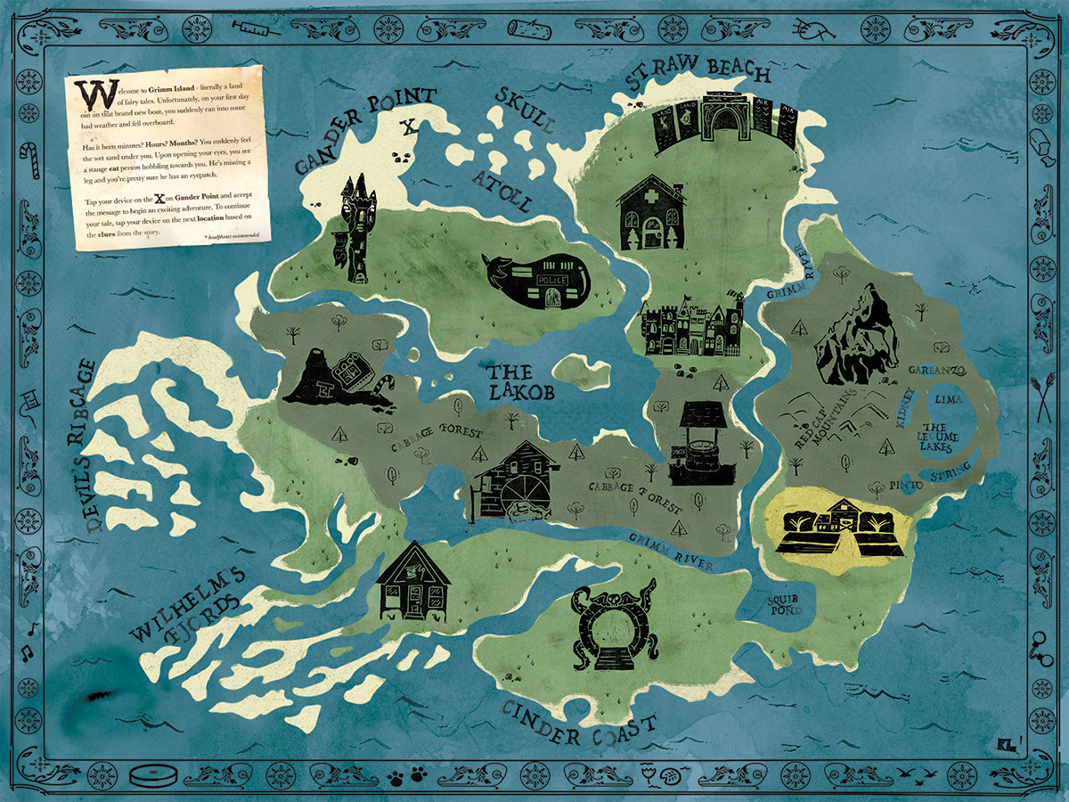 final map Fantasy map of Grimm Island showing various locations like Straw Beach, The Jakob, Cinder Coast, and adventure landmarks