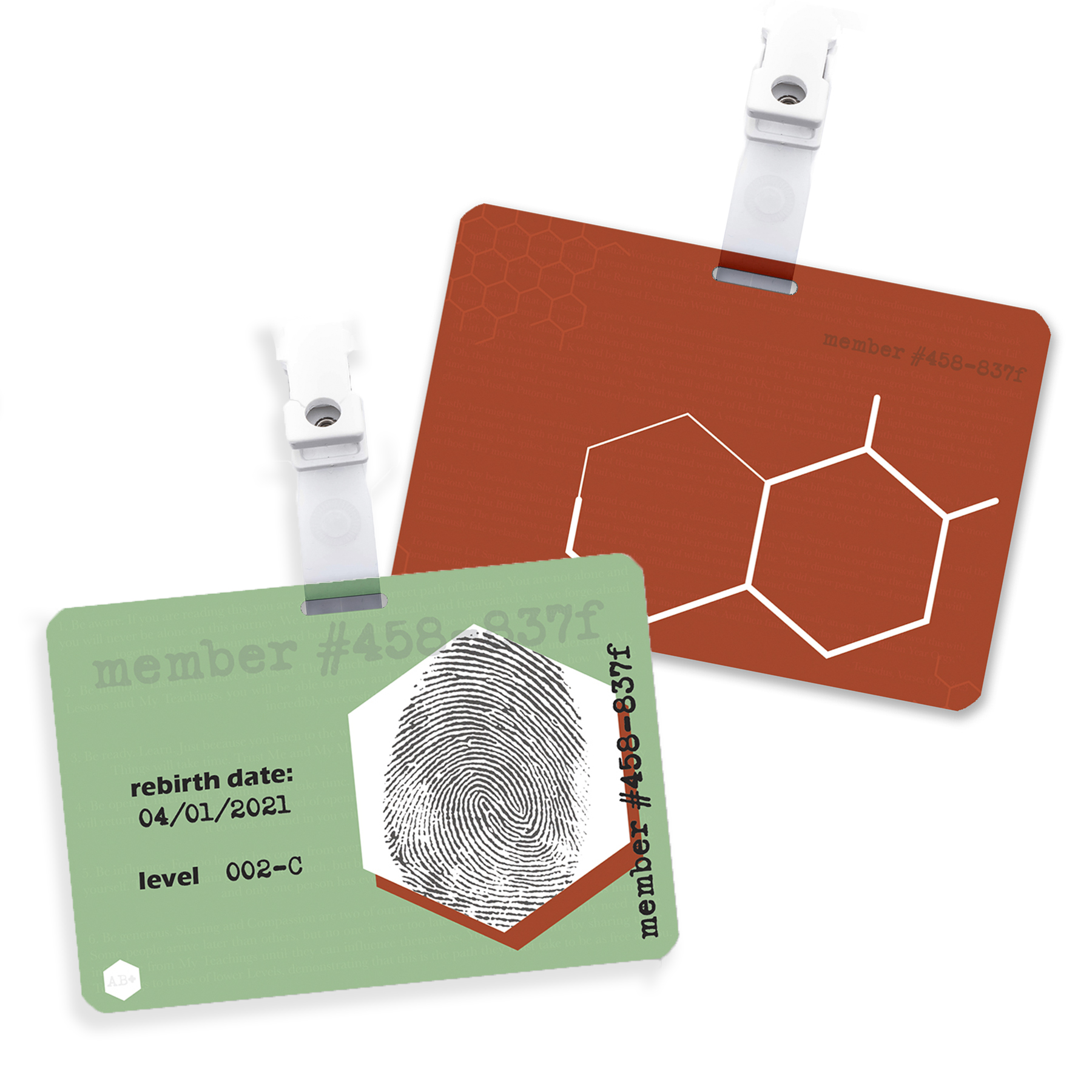 full ID Two ID badges with lanyards showing fingerprint and molecular structure designs for member identification cards.
