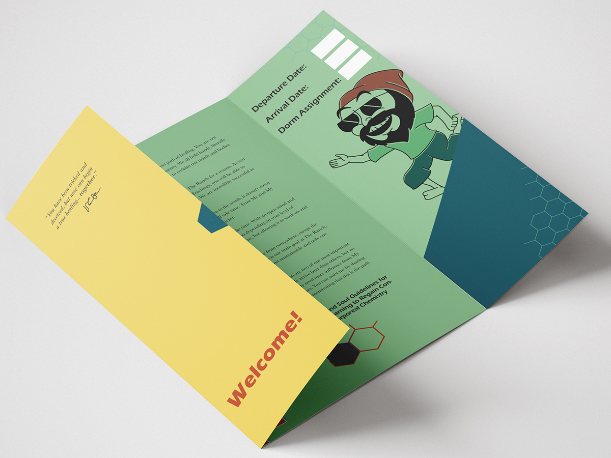 Mockups Design Green and yellow tri-fold brochure mockup with cartoon character design and hexagonal pattern elements on gray background