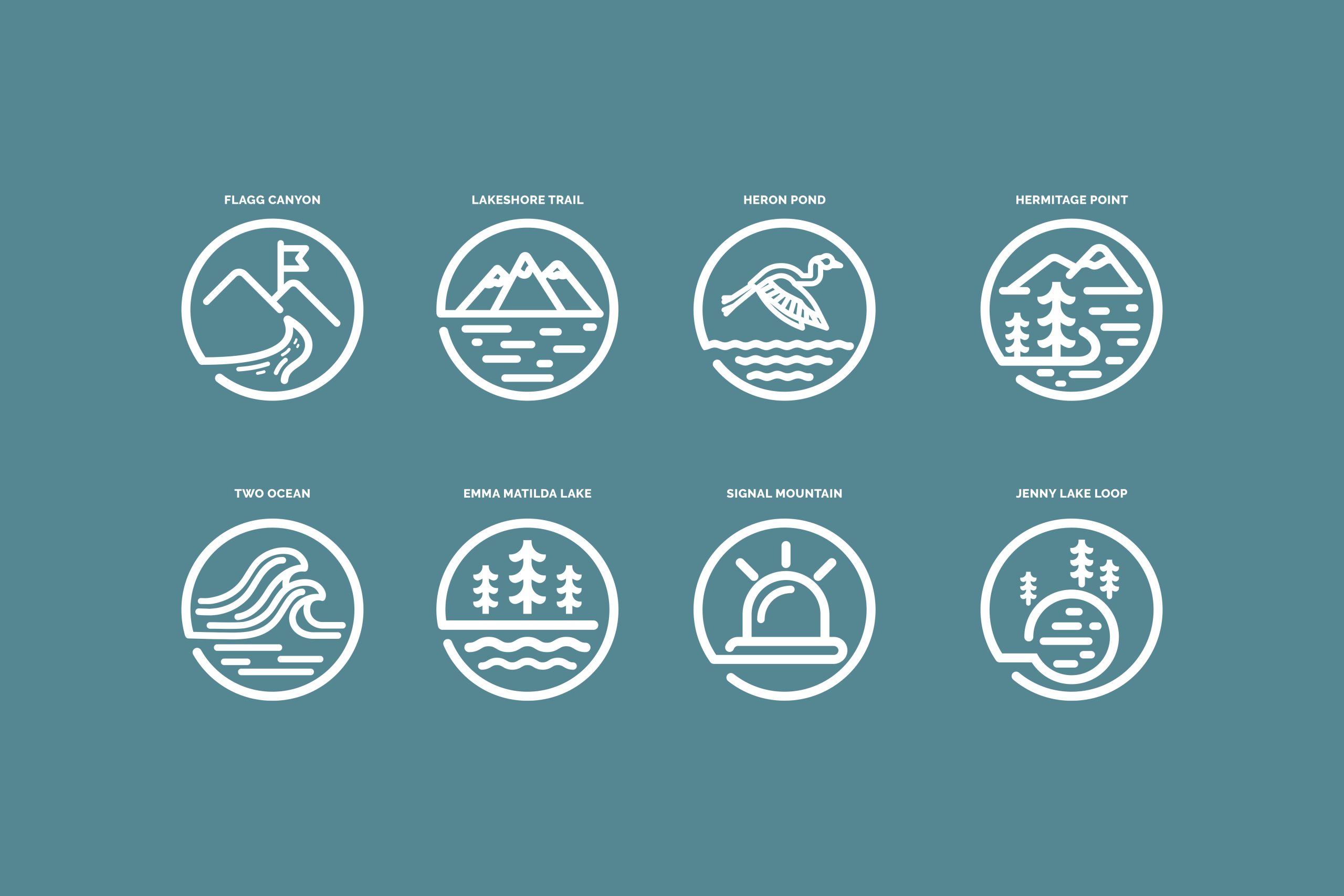 Eight circular icons showing outdoor destinations: Flagg Canyon, Lakeshore Trail, Heron Pond, Hermitage Point, Two Ocean, Emma Matilda Lake, Signal Mountain, Jenny Lake Loop