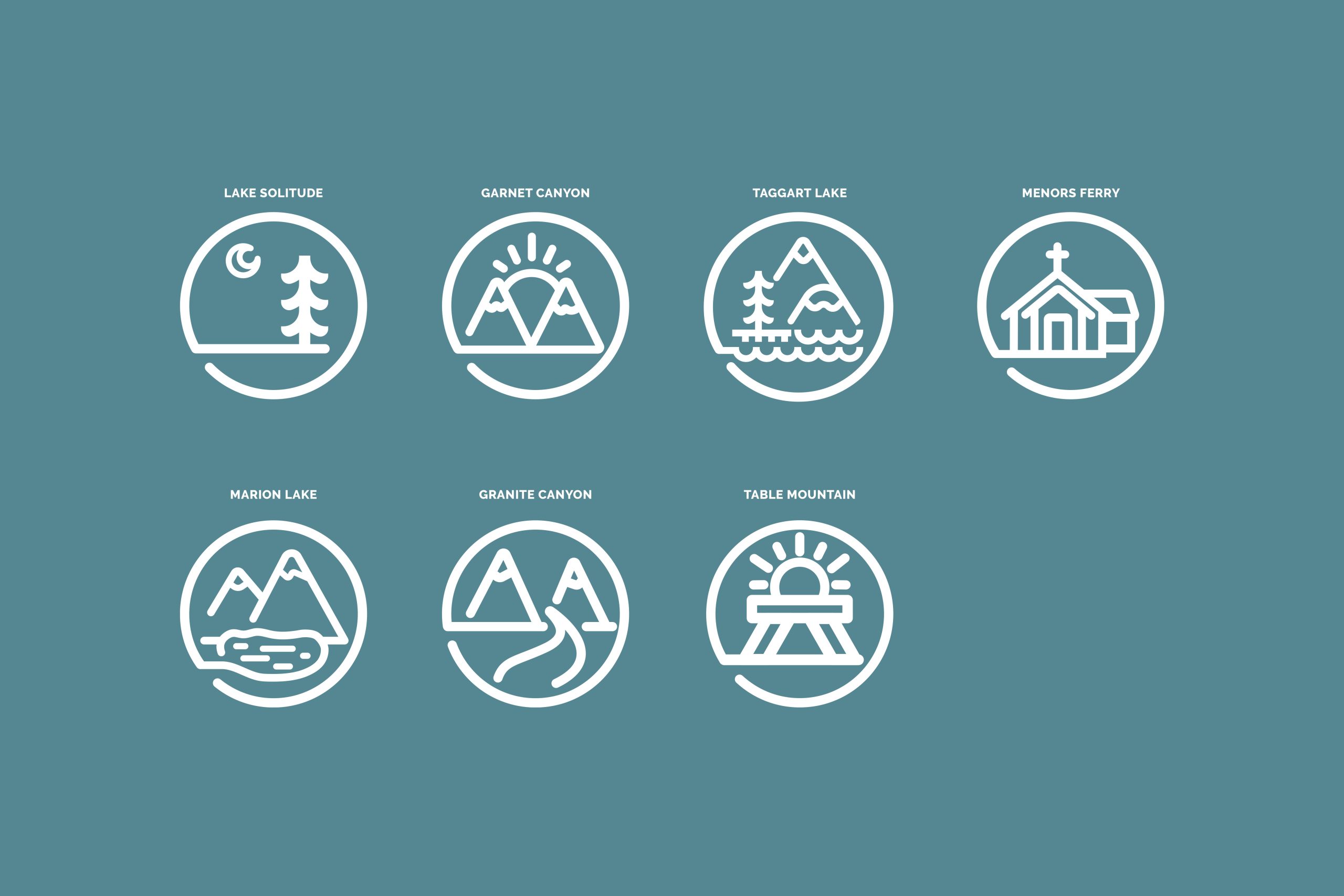 Seven circular icons representing outdoor destinations: Lake Solitude, Garnet Canyon, Taggart Lake, Menors Ferry, Marion Lake, Granite Canyon, Table Mountain