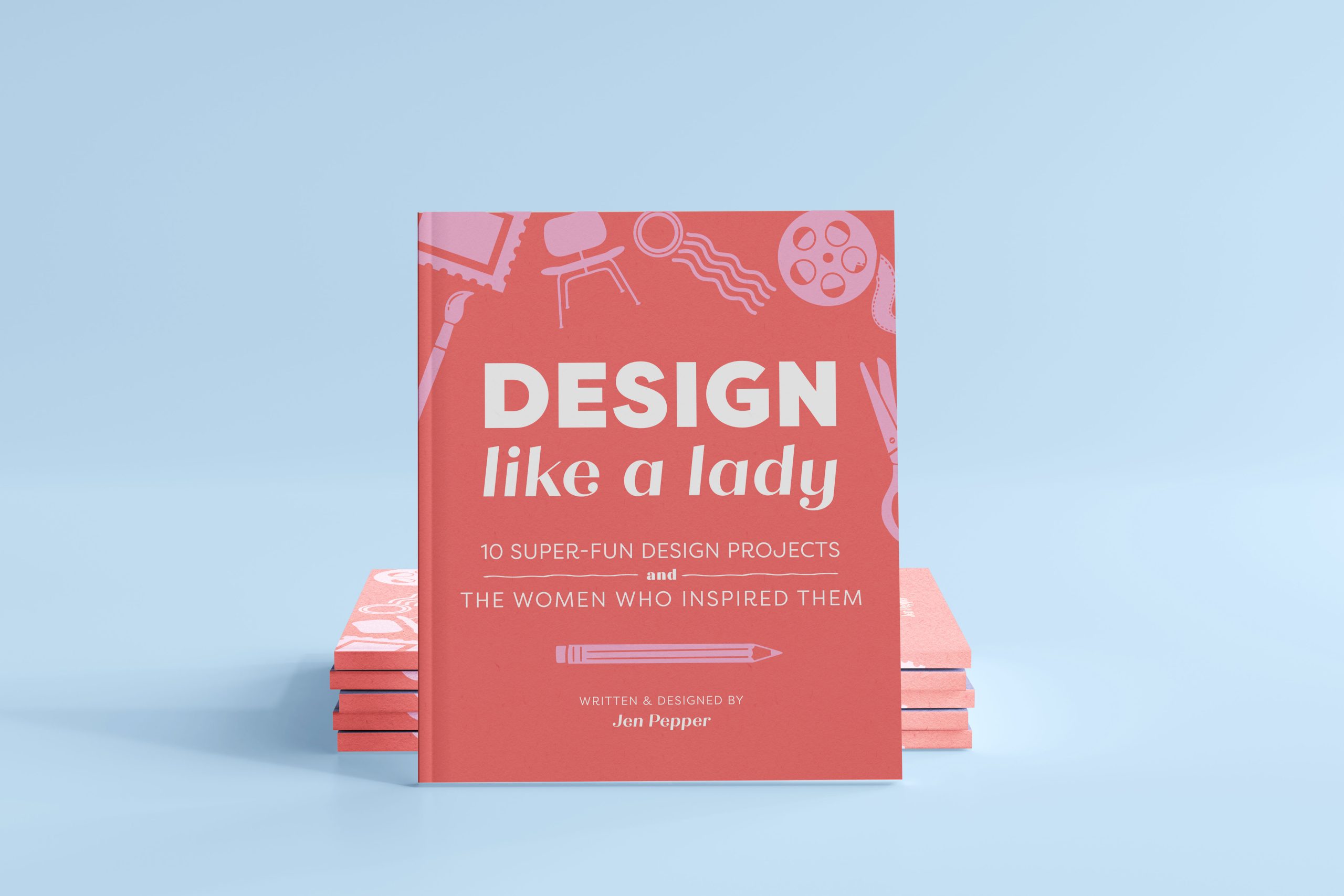 Design like a lady book cover featuring coral design with design icons, stacked books on light blue background