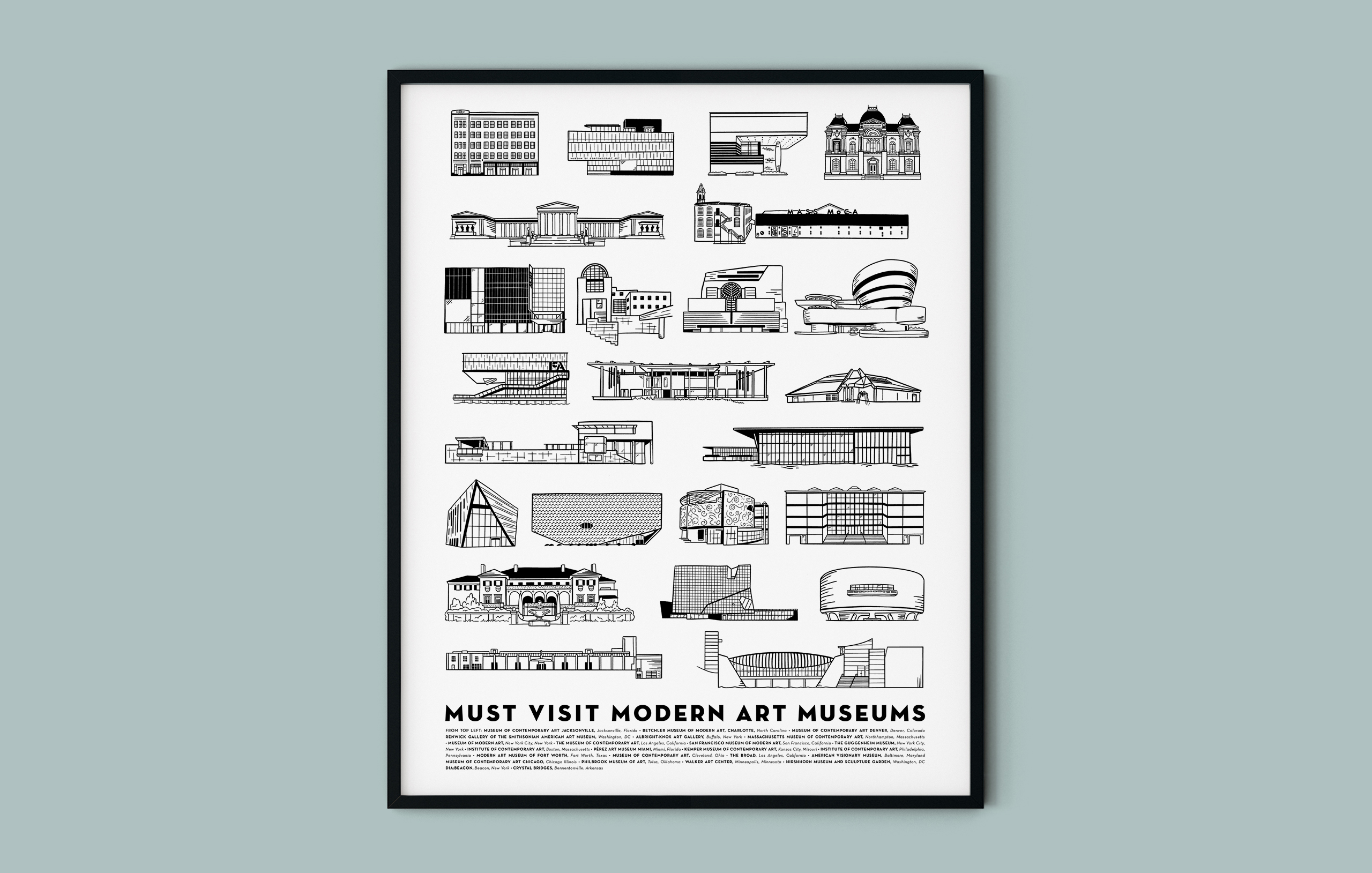 Framed poster showing black and white architectural illustrations of famous modern art museums with title below