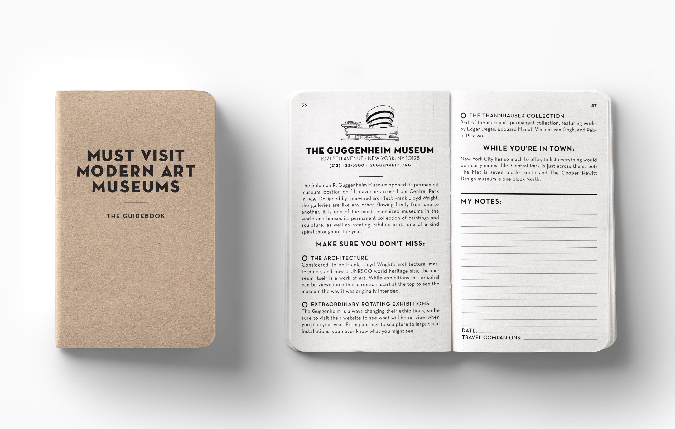 Must Visit Modern Art Museums guidebook open to pages about The Guggenheim Museum with architectural details and notes